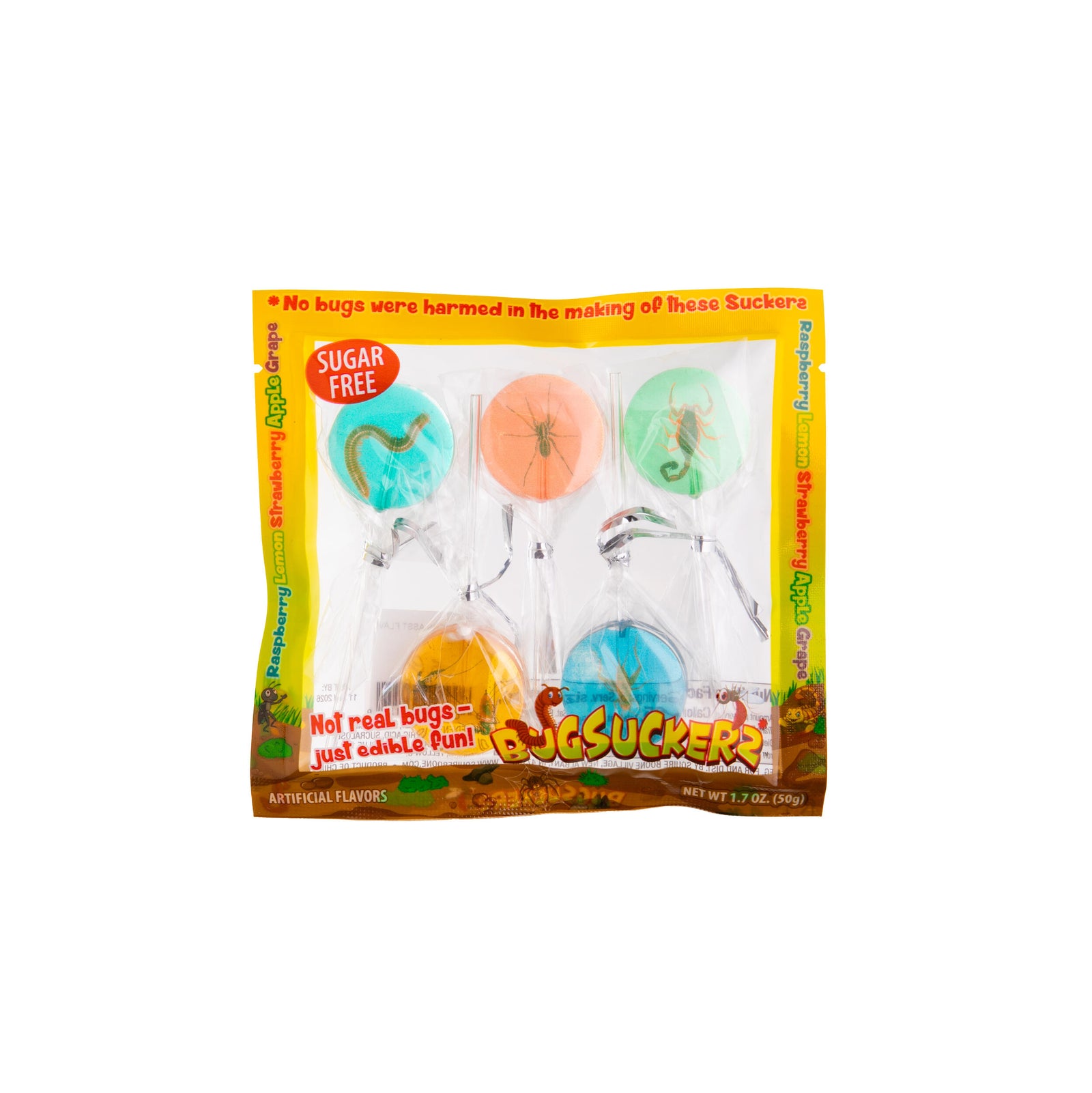 Five lollipops with colorful labels featuring illustrations of insects on a white background.