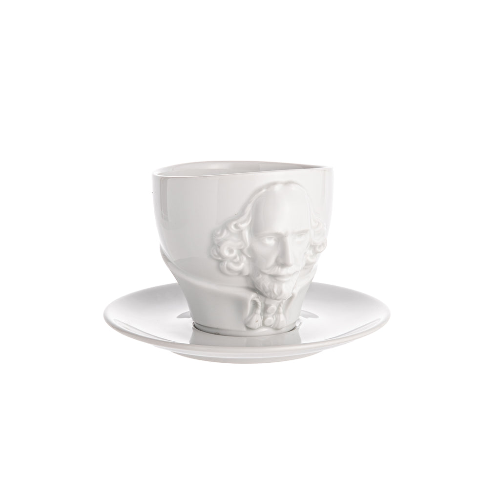 To tea, or not to tea, that is the question. With this delightful Shakespeare cup and saucer set you can enjoy your preferred morning beverage with the Bard himself. Materials: genuine hard porcelain, enameled rim Capacity: 8.7 oz. Dishwasher- and microwave-safe Made in Germany.