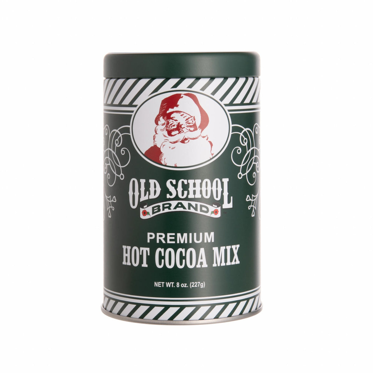 Can of Old School Brand premium hot cocoa mix on a white background