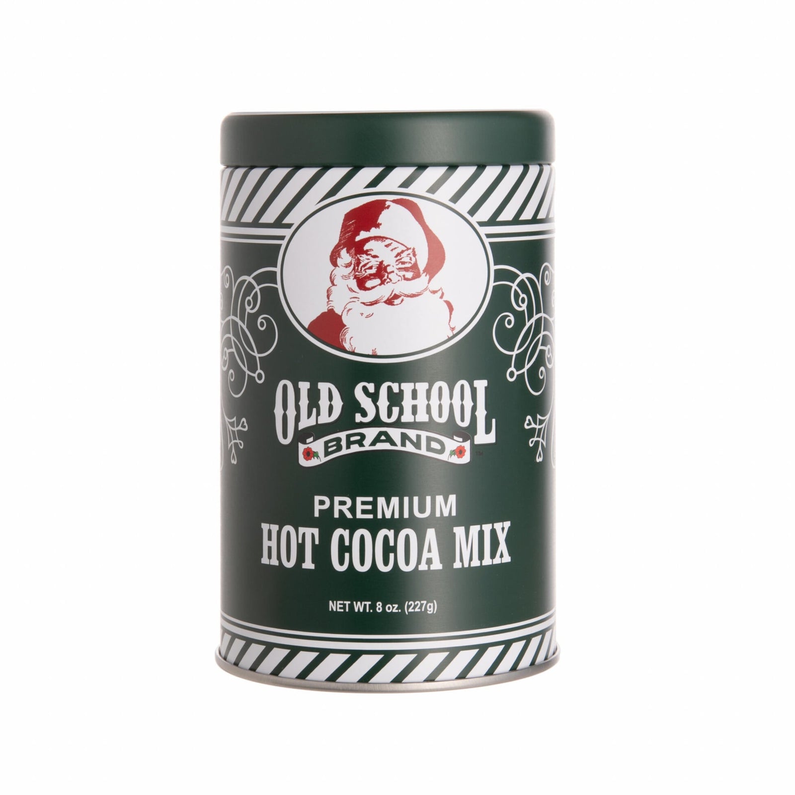 Can of Old School Brand premium hot cocoa mix on a white background