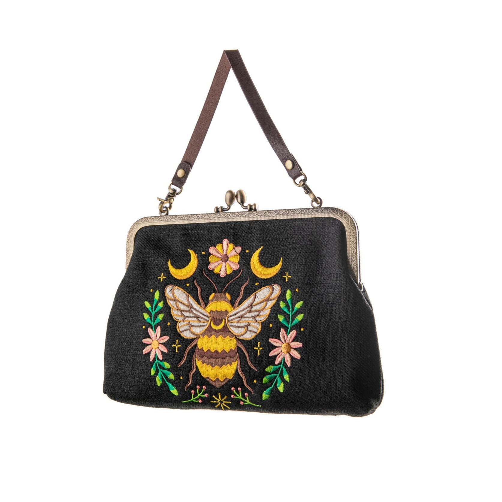This fabulously fun embroidered bee purse is a charming and elegant accessory that combines style with a touch of nature-inspired whimsy. Crafted with meticulous attention to detail, it features a bee designed at the center, adorned with floral and lunar detailing. This cleverly designed purse includes two detachable straps, so it can be worn three ways: as a clutch purse, a short-handled purse, or a shoulder bag. Material: Cotton-linen
