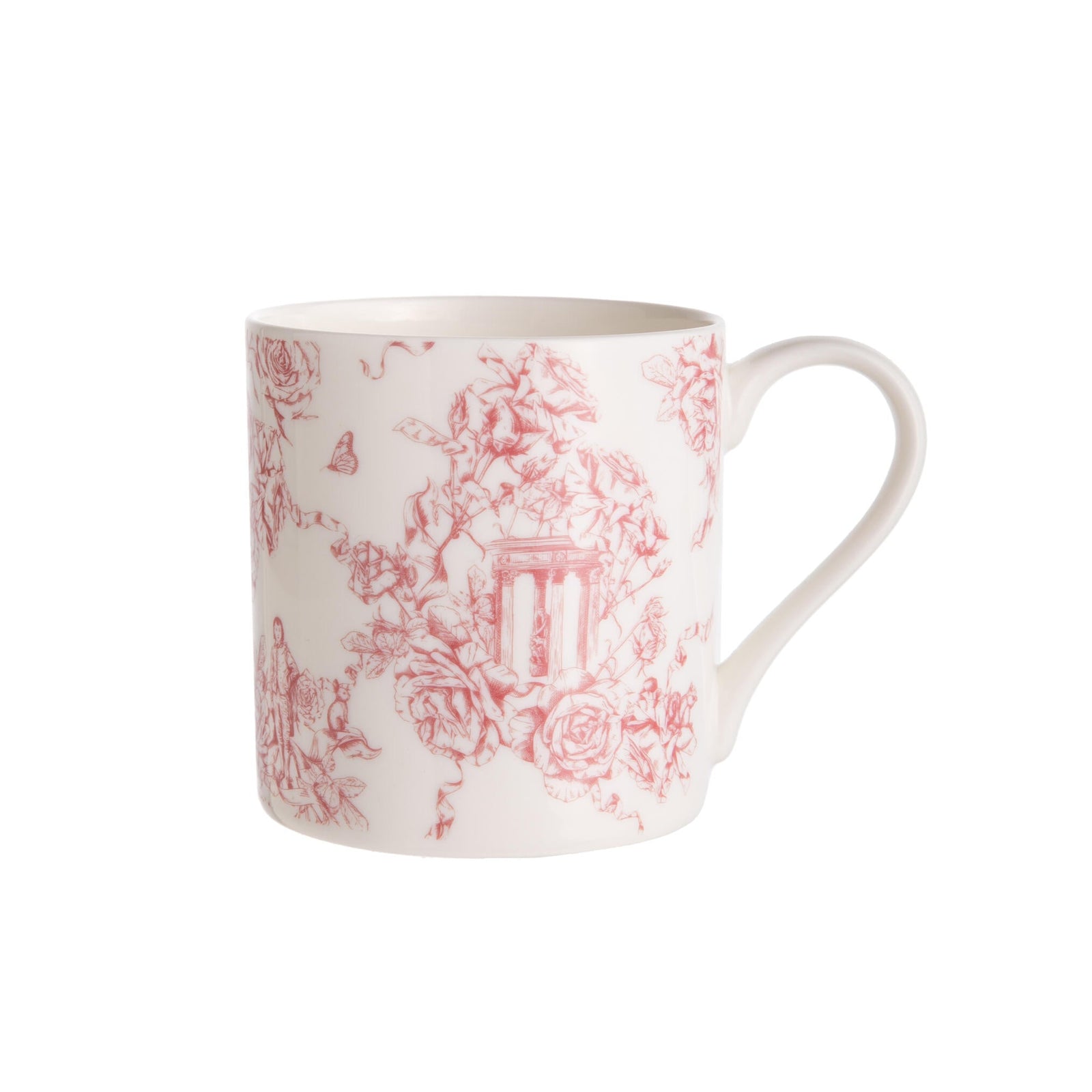A white bone China mug with a red 'Rose Garden toile' print featuring floral patterns and architectural elements.