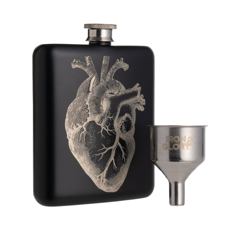 This delightfully dramatic hip flask featured a laser-etched anatomical heart design on a black powder coated stainless steel hip flask. The flask has a generous 6oz capacity and comes complete with a stainless-steel funnel for easy filling. Comes with a stylish presentation box for easy gifting.