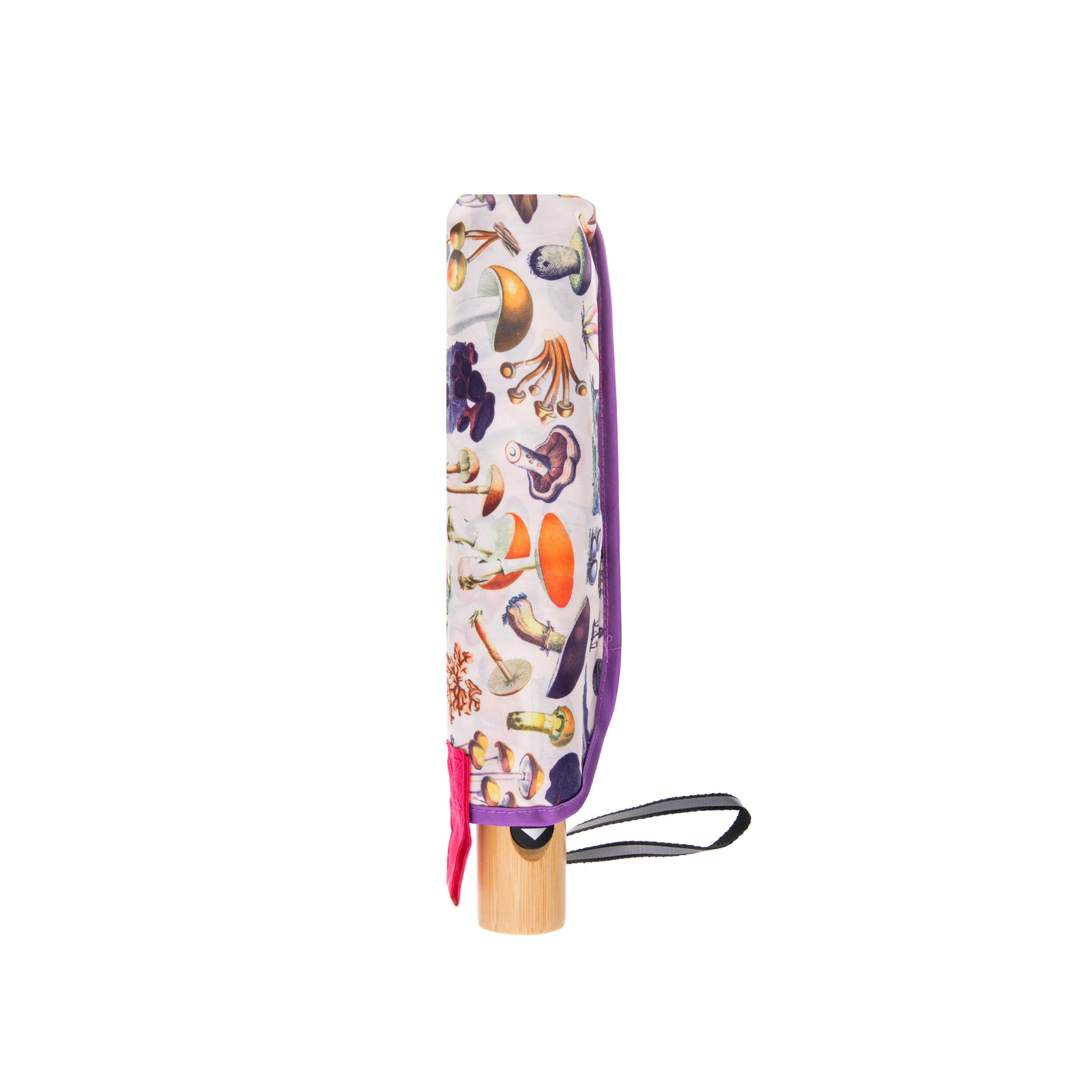 Umbrella with a colorful mushroom pattern on a white background