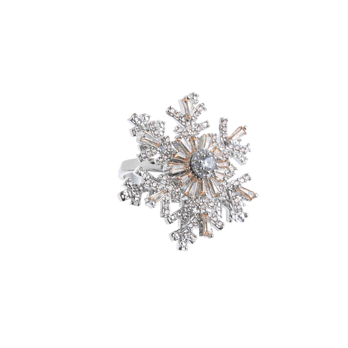 Snowflake-shaped ring with rose gold and silver details on a white background