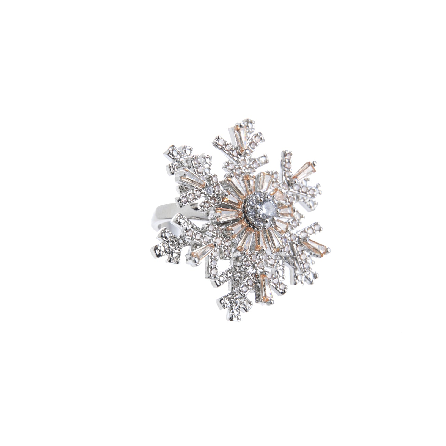 Silver snowflake-shaped ring on a white background