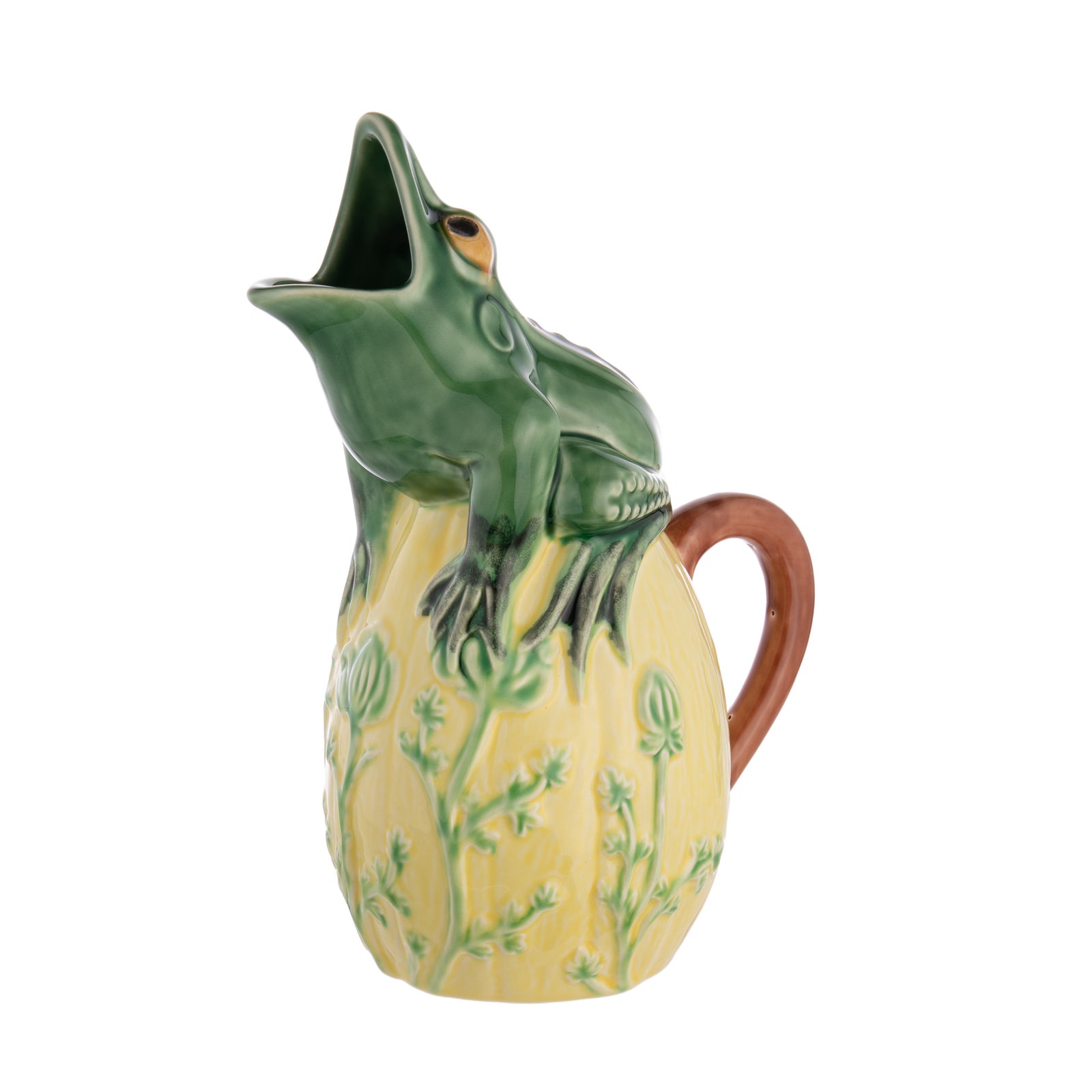 Once you've served drinks from this fabulous frog pitcher, regular pitchers will look downright dull. This cute critter is made by master ceramics atelier Bordallo Pinheiro, which was founded in Caldas da Rainha, Portugal, in 1884.  Dimensions: 8.2" x 5.1" x 10.6". Capacity: 47 fl oz.