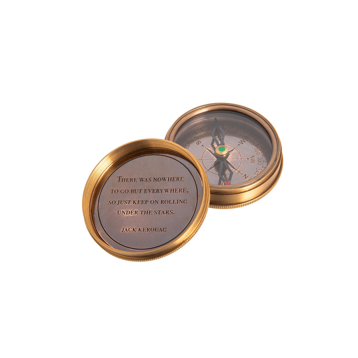 This vintage style compass features a twist-off lid which is inscribed inside with a quote from Kerouac's most famous work, On the Road. The quote reads; "There was nowhere to go but everywhere, so just keep on rolling, under the stars". Metal compass with leather carrying pouch Compass diameter: 2.25".