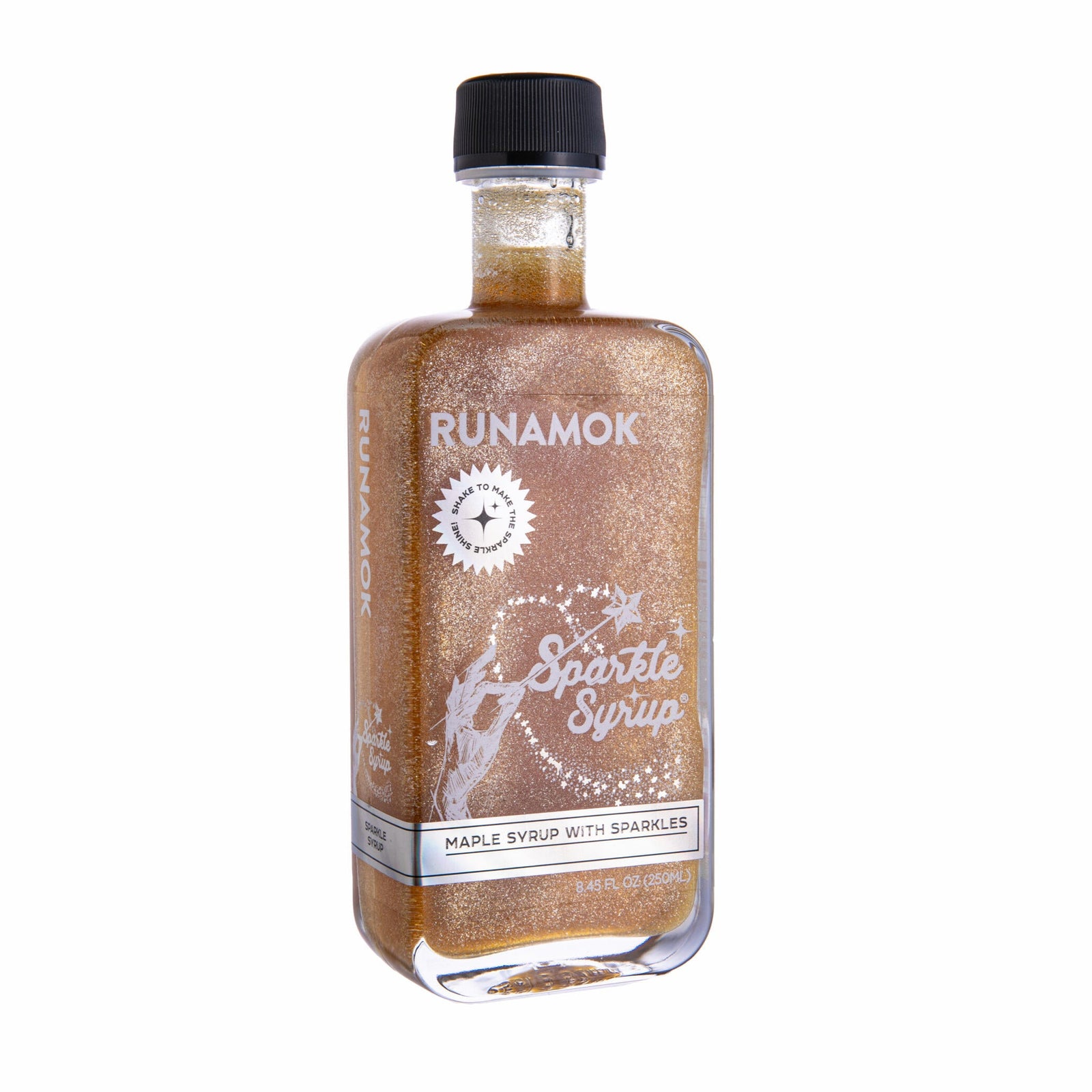 Bottle of Runamok Sparkle Syrup on a white background