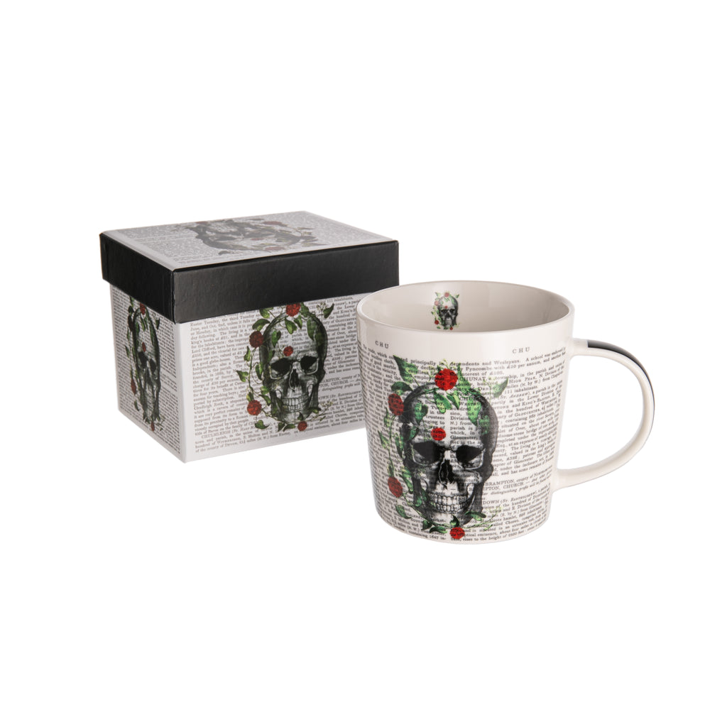 Add some spooky chic to your morning coffee or afternoon tea with this skull and roses printed mug. The mug is fully decorated, right down to the handle, and even has a miniature skull printed on the inside which will slowly reveal itself as you sip! 13.5 oz. mug. Material: New Bone China Dishwasher and Microwave safe.