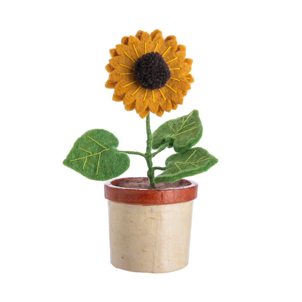 Cheer up your windowsill or desk with this smile inducing potted felt sunflower. Hand crafted in Nepal by Fair Trade artisans, you won't have to worry about over or underwatering - this sunny flower will remain in bloom, all year long. Hand made felt sunflower Dimensions: 8" x 4"