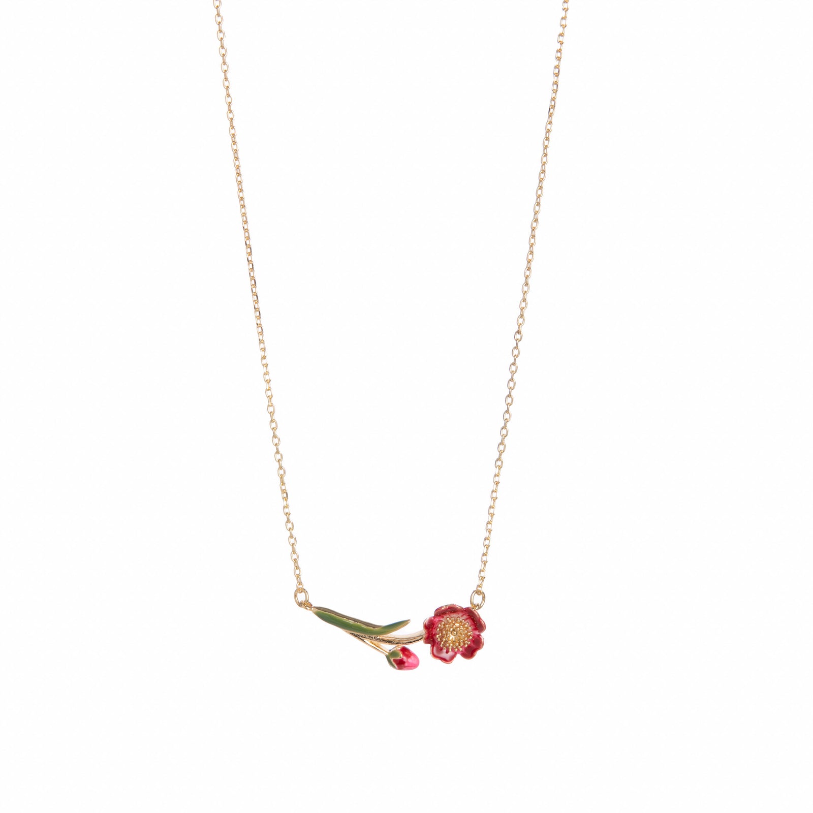Necklace with a red floral pendant on a white background