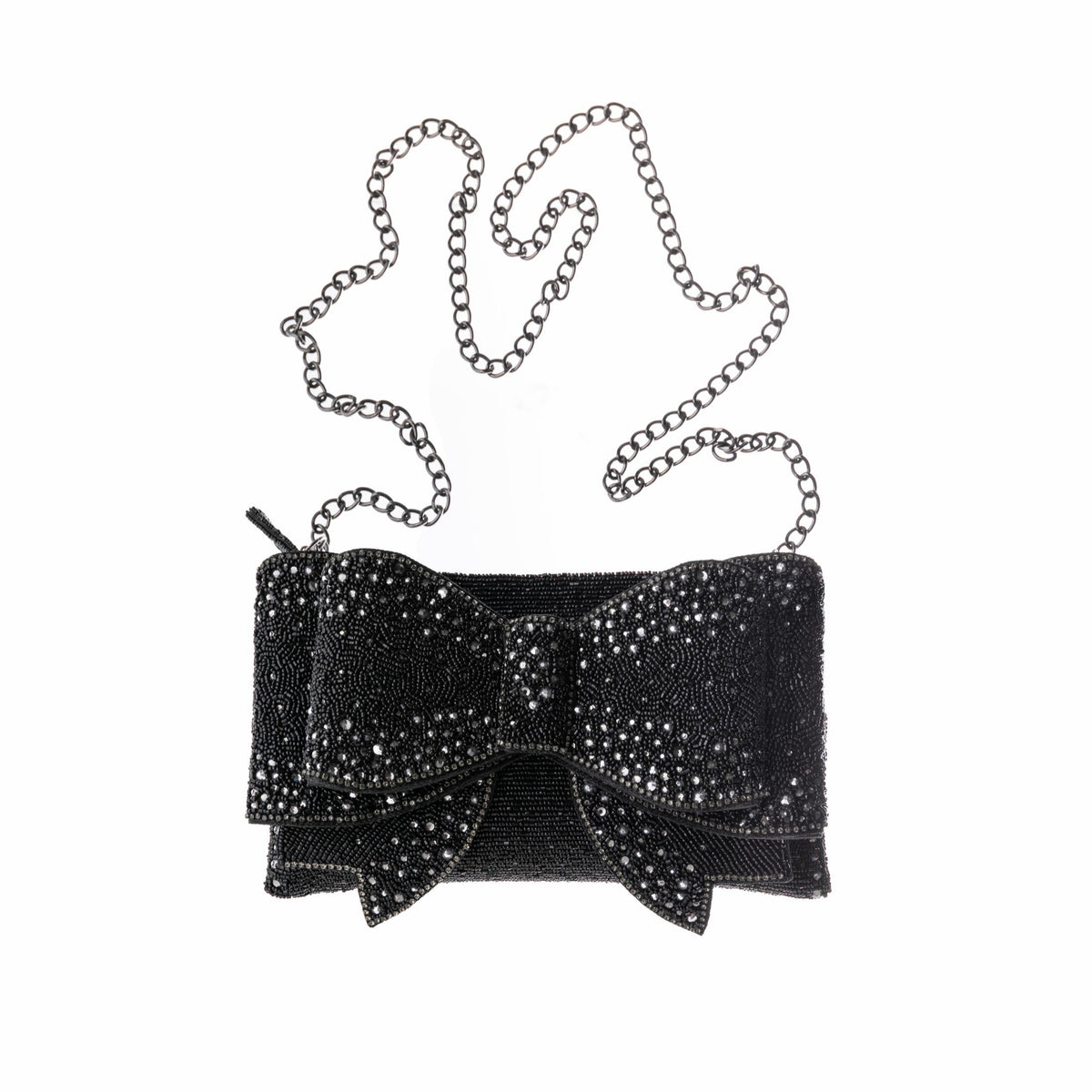 Black beaded clutch bag with a bow and chain strap on a white background