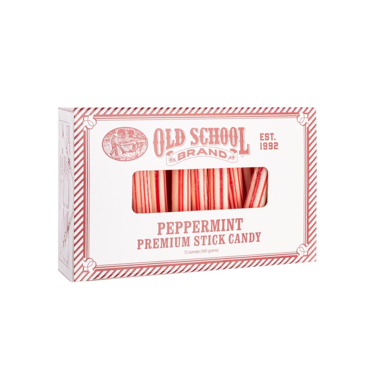 Box of Old School Brand peppermint premium stick candy on a white background