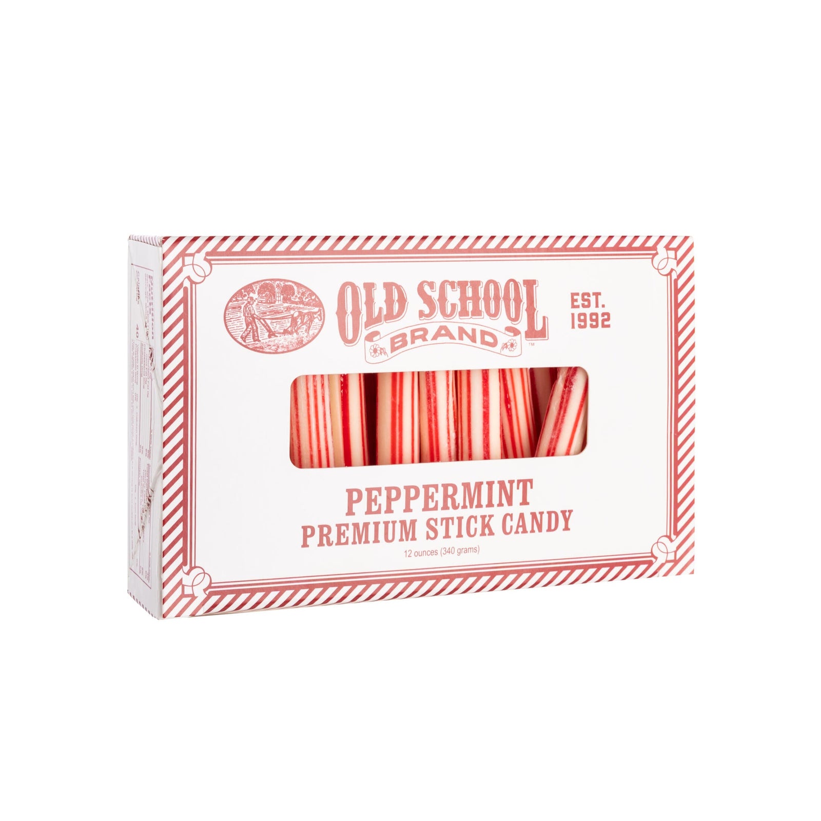 Box of Old School Brand peppermint premium stick candy on a white background