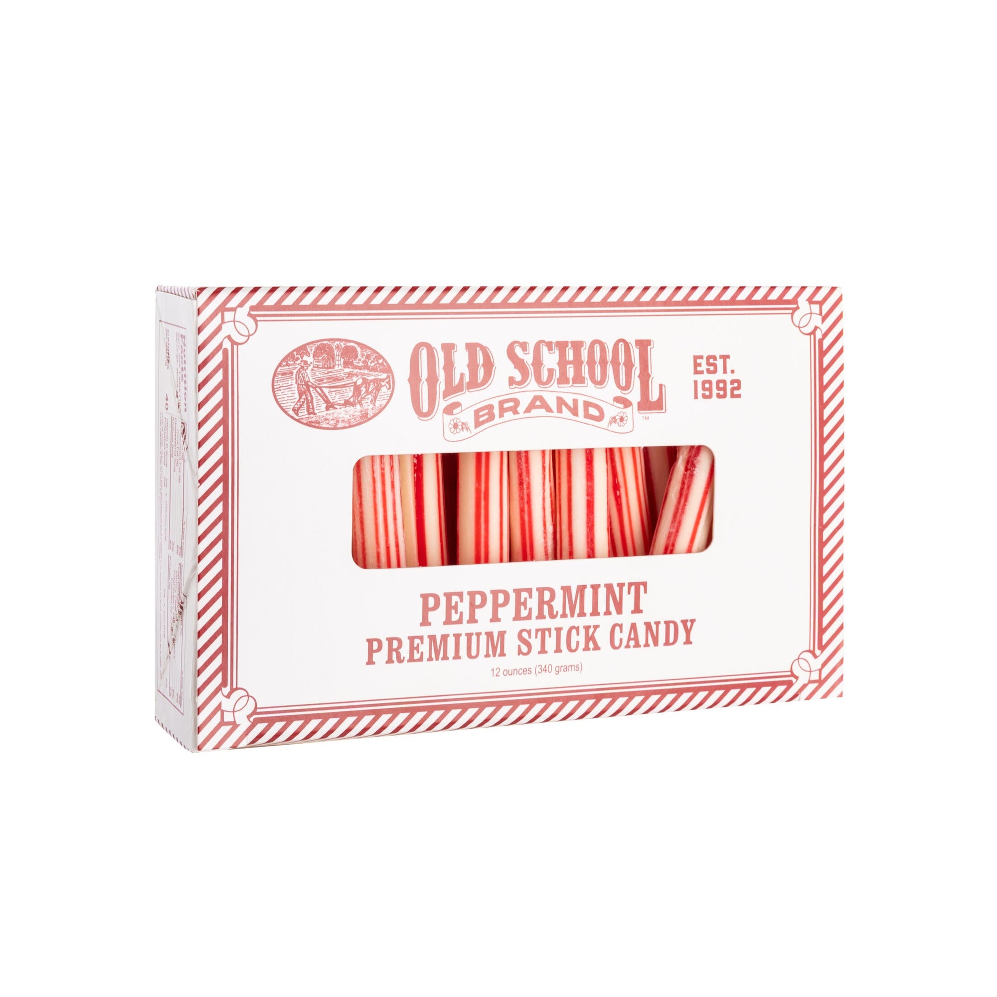 Box of Old School Brand peppermint premium stick candy on a white background