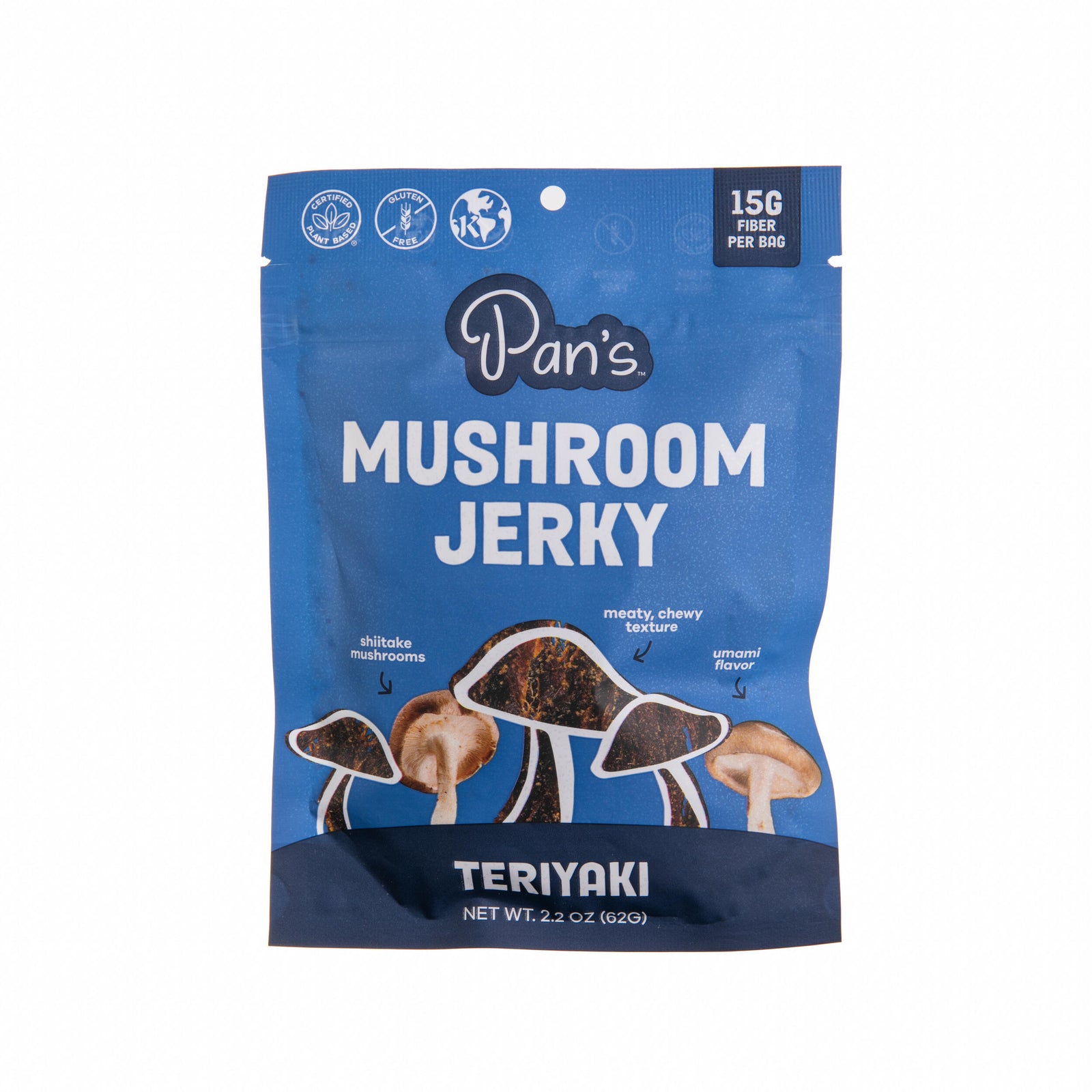 Orange package of Pan's Mushroom Jerky on a white background