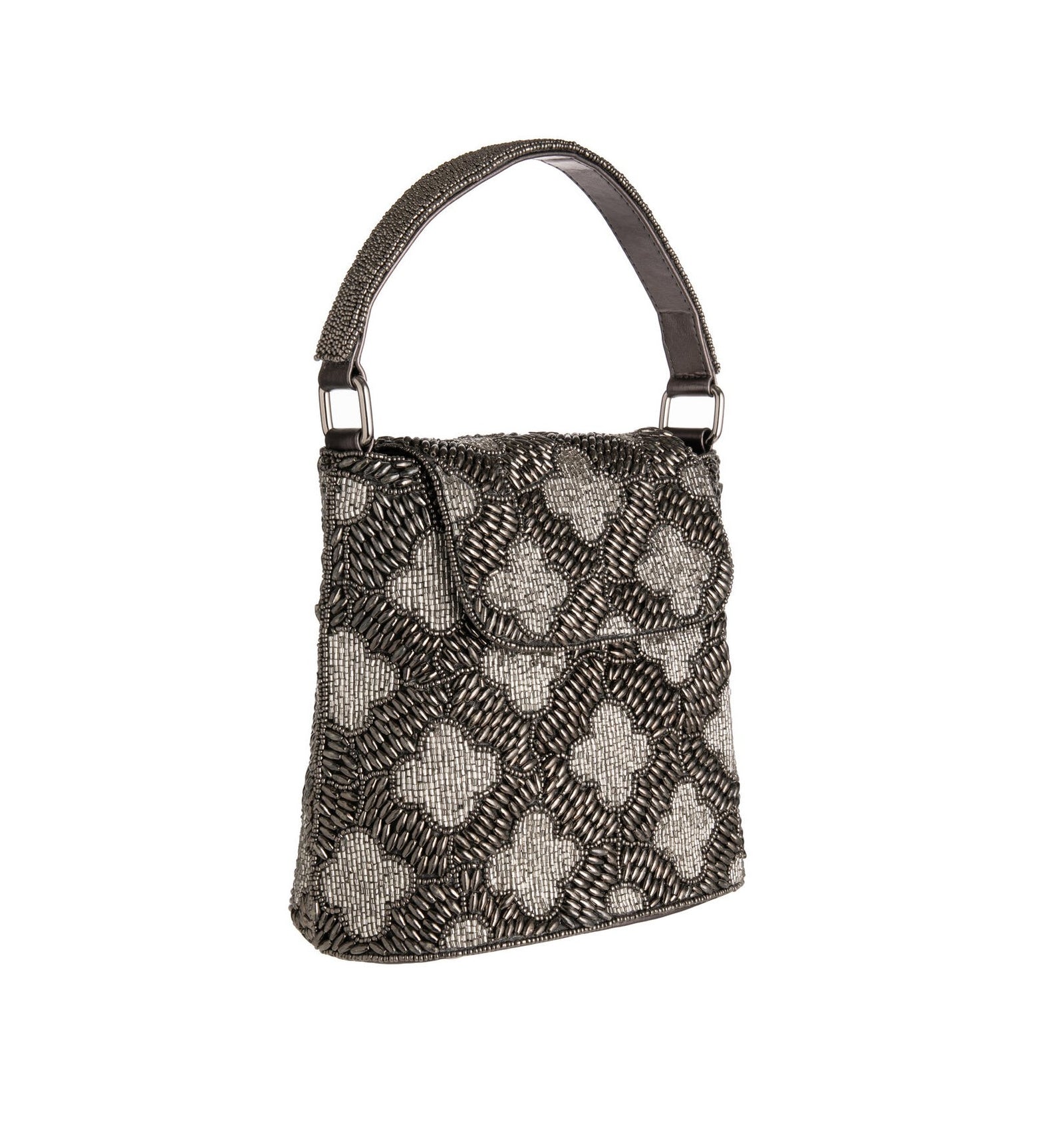 A handbag with a geometric pebble tile pattern, featuring a beaded design in black and white, with a satin and vegan leather lining, and a magnetic snap fastening.