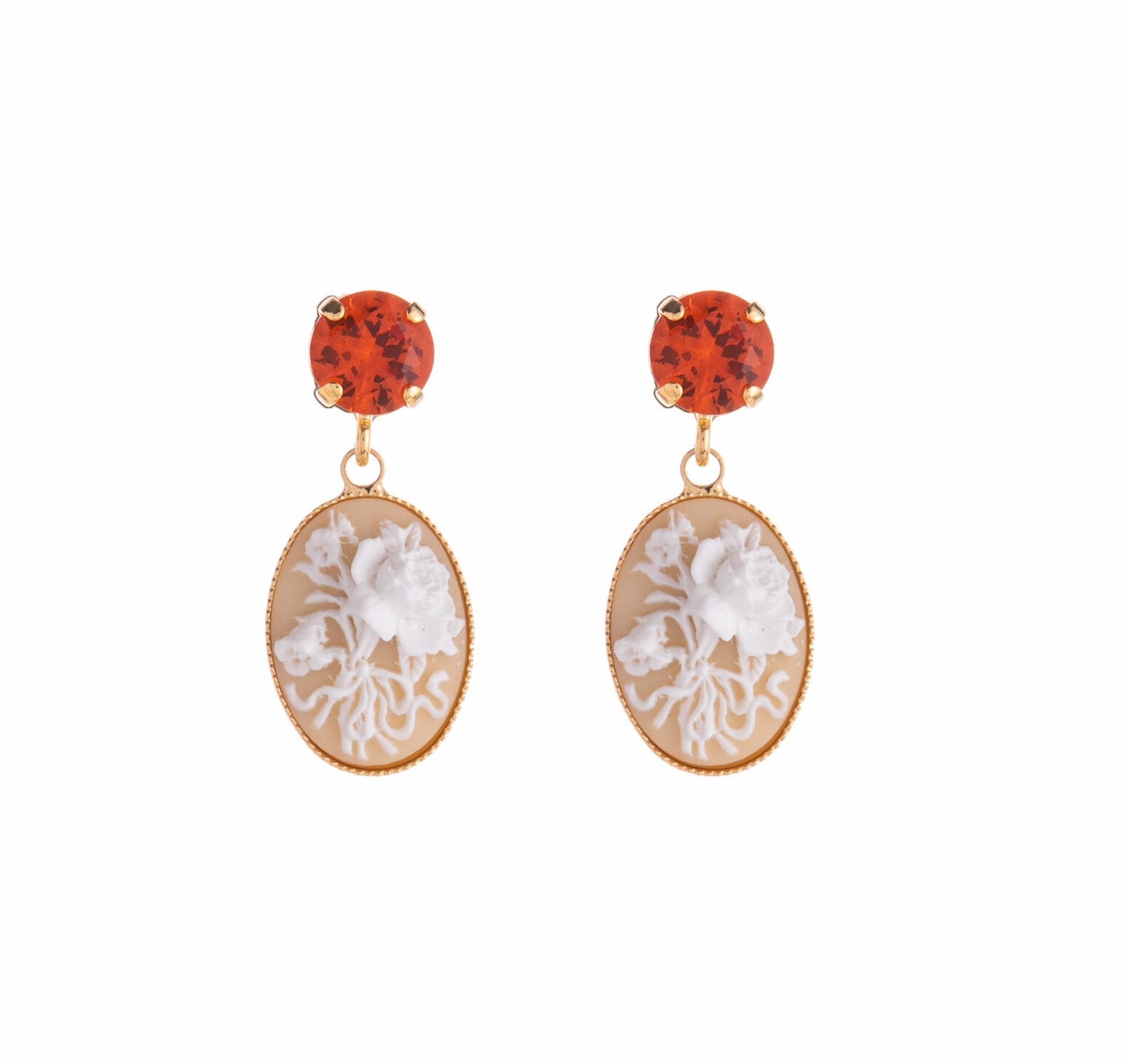  These delightful rose cameo earrings perfectly balance the historical with the modern, making them both eye-catching and classically elegant. Materials: Gold-plated brass, glass diamanté stones Dimensions: 1.25" x 0.5" Nickel free Post fastening Made in France