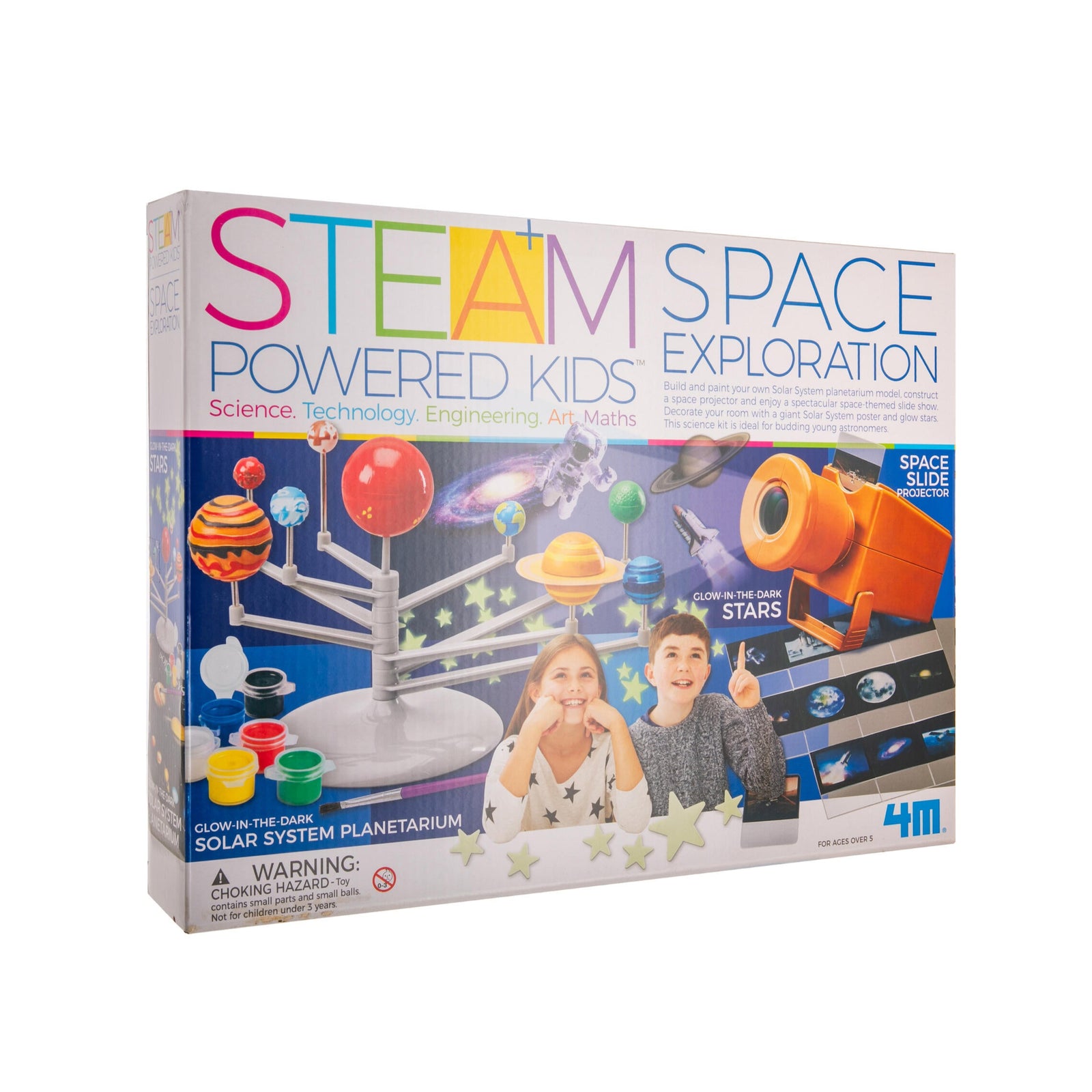 Box for a STEAM powered kids space exploration kit with images of children and space-themed elements.