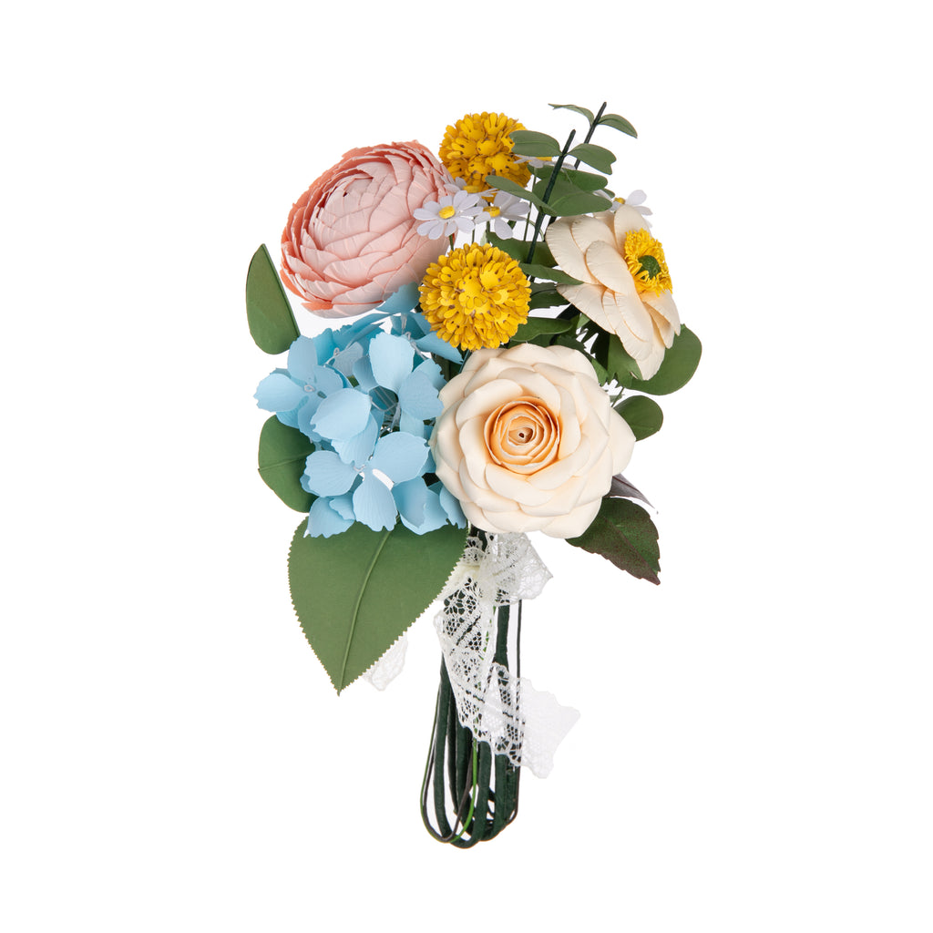 This beautiful bouquet is expertly handcrafted from paper. Its exceptionally detailed, lifelike flowers will continue to brighten up any room for many months, making it a wonderful, lasting gift. Handmade paper flower bouquet, with hand-tied lace trim Materials: paper, wire, lace Dimensions approx:9" x 5".