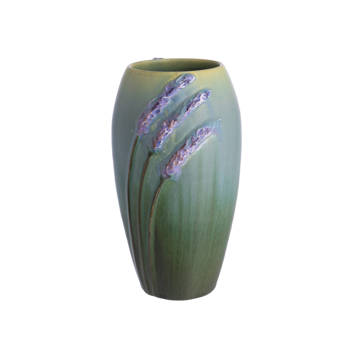 A ceramic vase with a green base color, featuring painted lavender sprigs in a watercolor style.