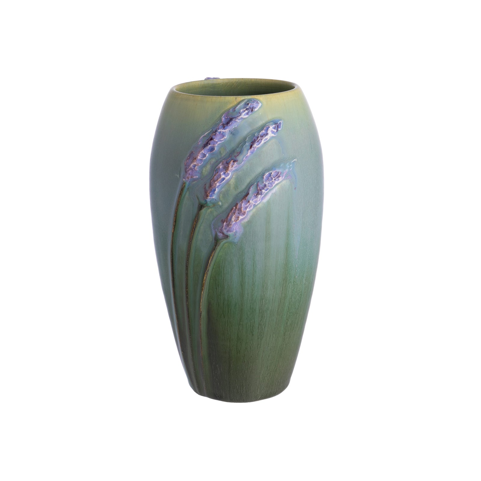 A ceramic vase with a green base color, featuring painted lavender sprigs in a watercolor style.