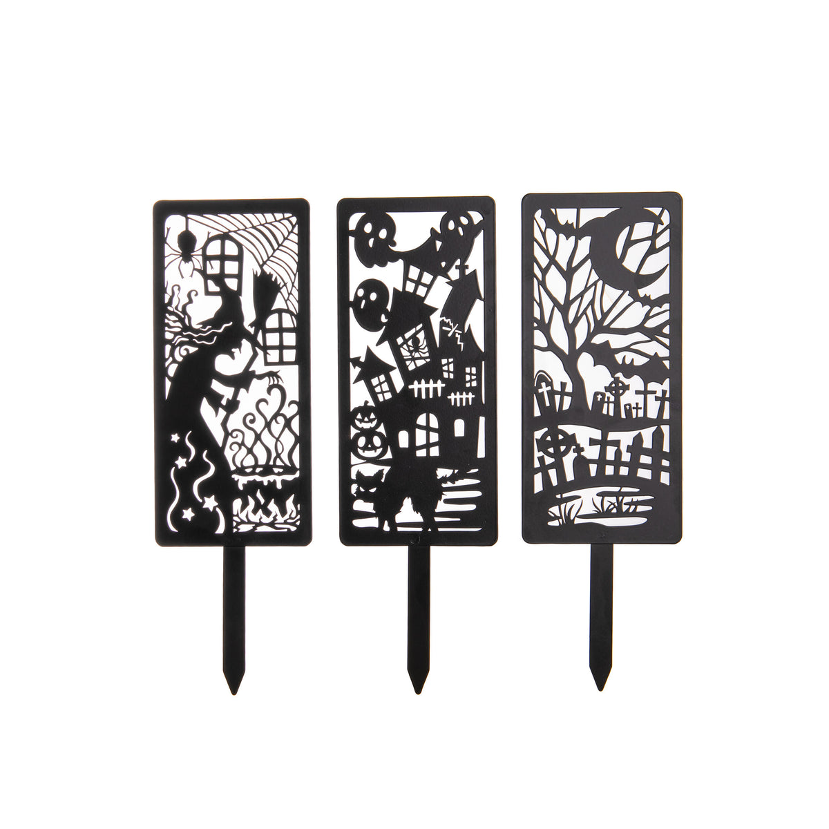 Three black metal garden art pieces with Halloween-themed cutouts on a white background.