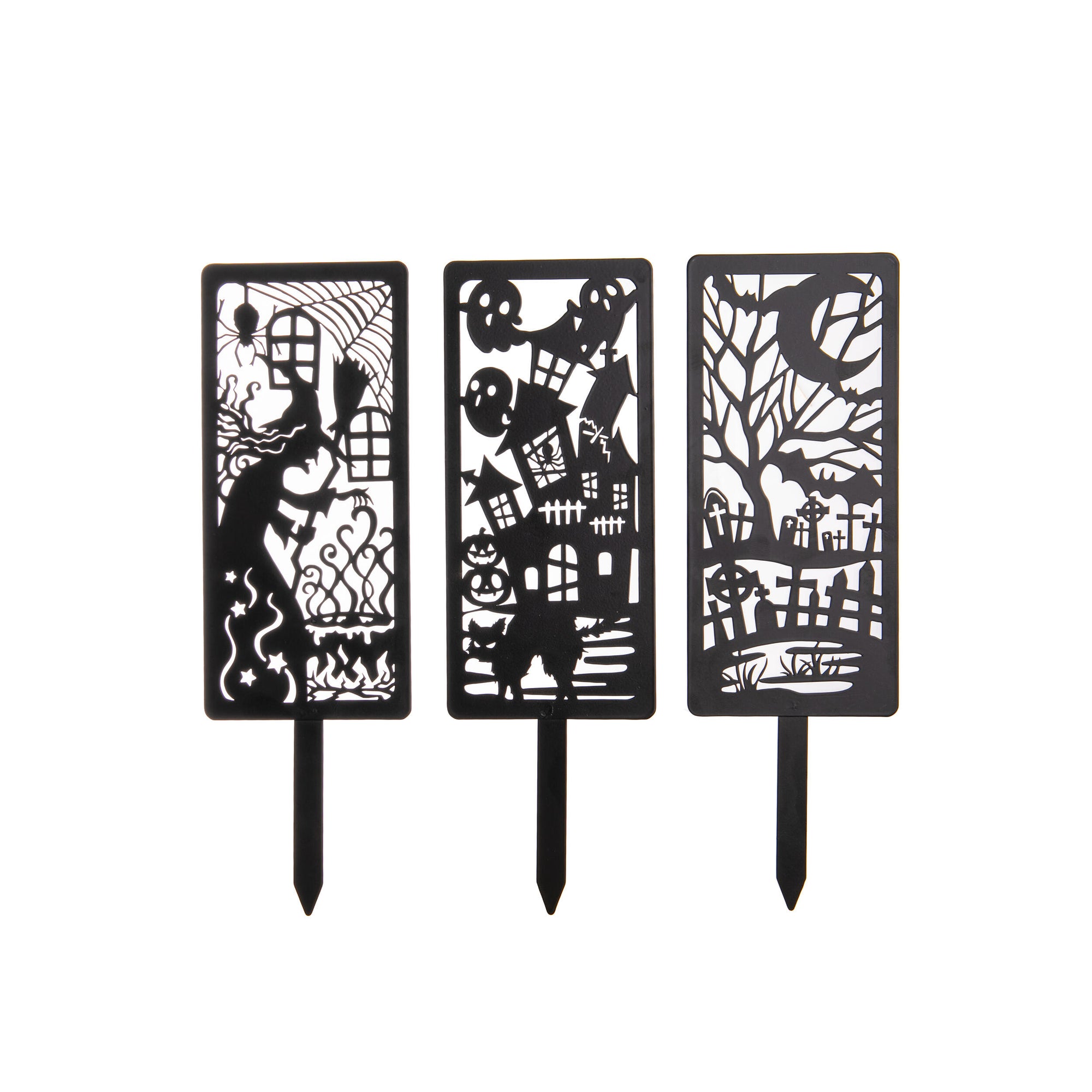 Three black metal garden art pieces with Halloween-themed cutouts on a white background.