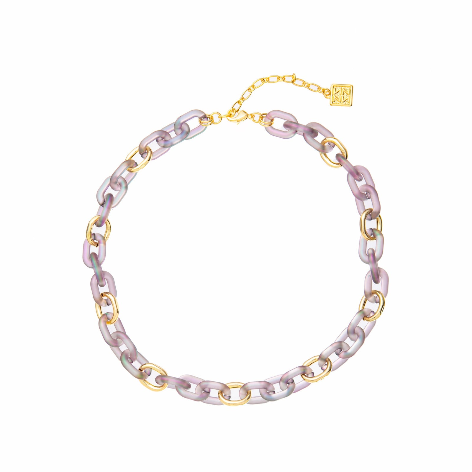 Necklace with pink and gold chain links on a white background