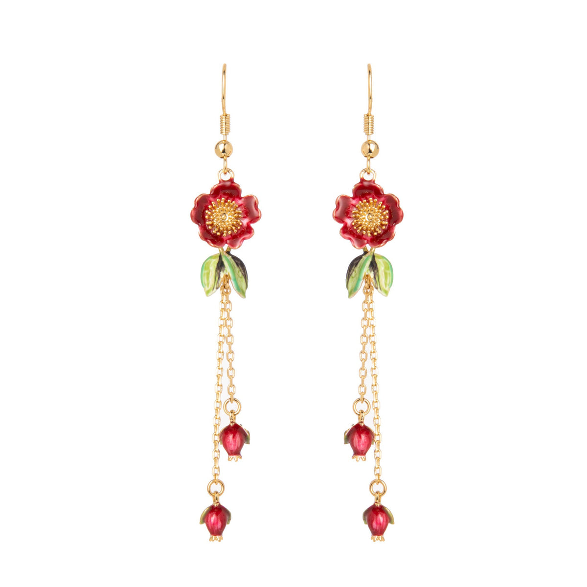 Pair of floral earrings with dark pink flowers and gold chains on a white background