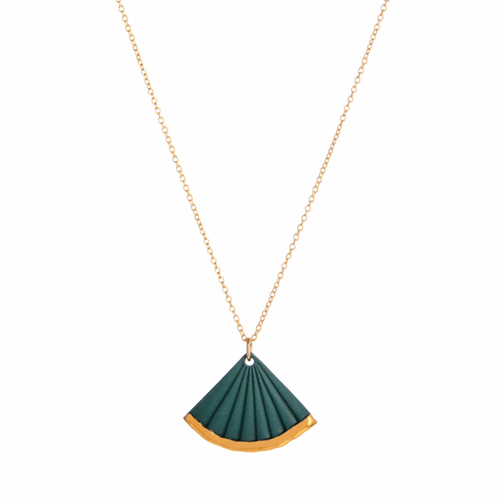 Green fan-shaped pendant on a gold chain against a white background