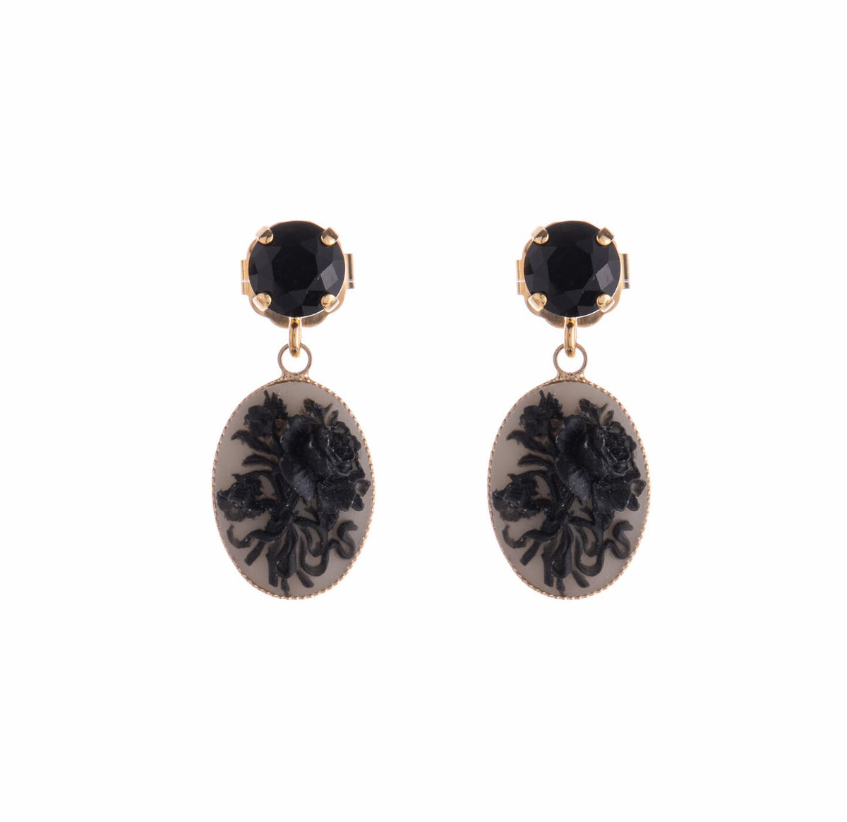  These delightful rose cameo earrings perfectly balance the historical with the modern, making them both eye-catching and classically elegant. Materials: Gold-plated brass, glass diamanté stones Dimensions: 1.25&quot; x 0.5&quot; Nickel free Post fastening Made in France