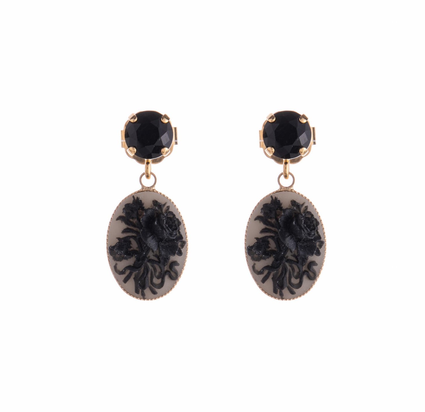  These delightful rose cameo earrings perfectly balance the historical with the modern, making them both eye-catching and classically elegant. Materials: Gold-plated brass, glass diamanté stones Dimensions: 1.25" x 0.5" Nickel free Post fastening Made in France