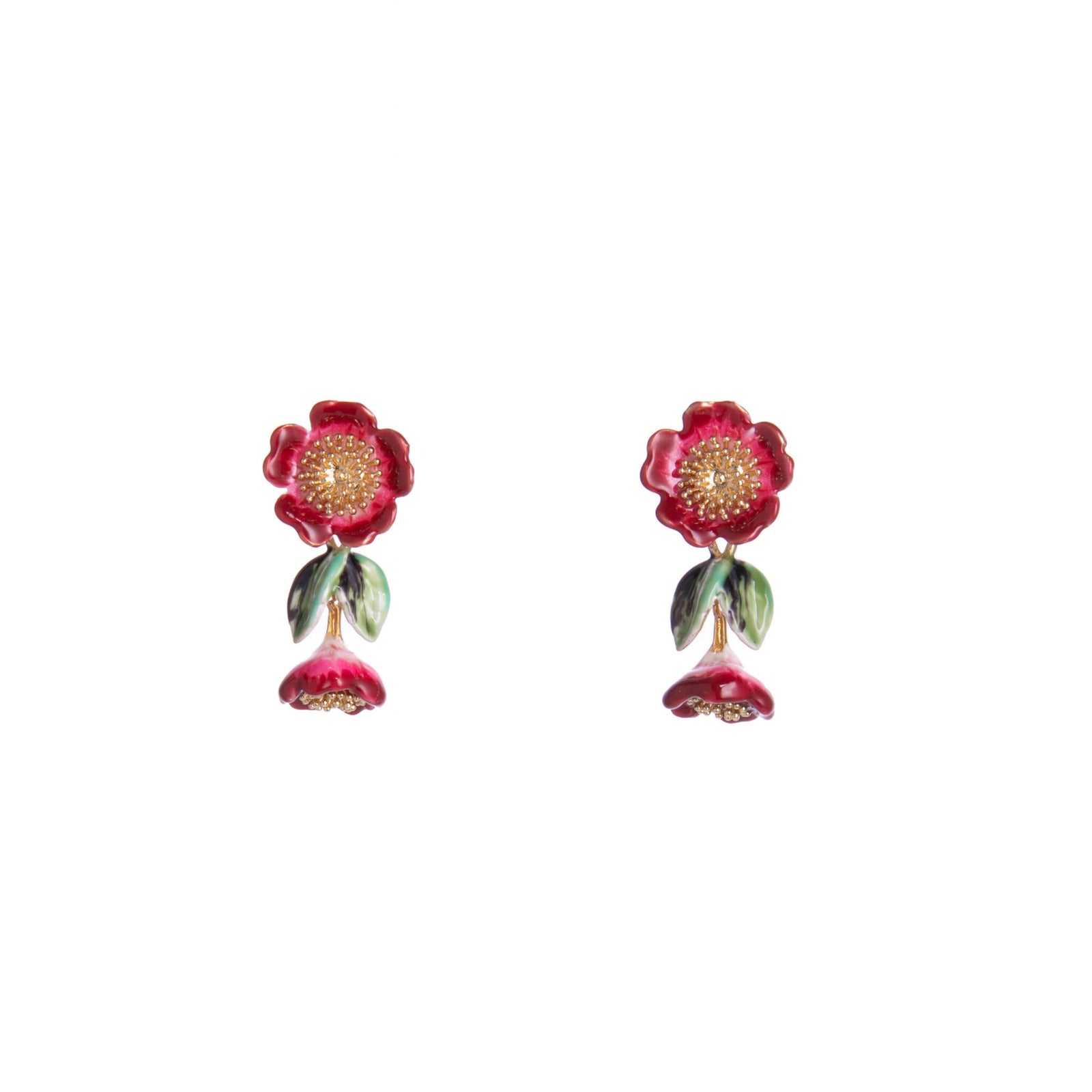 Pair of red flower-shaped earrings on a white background