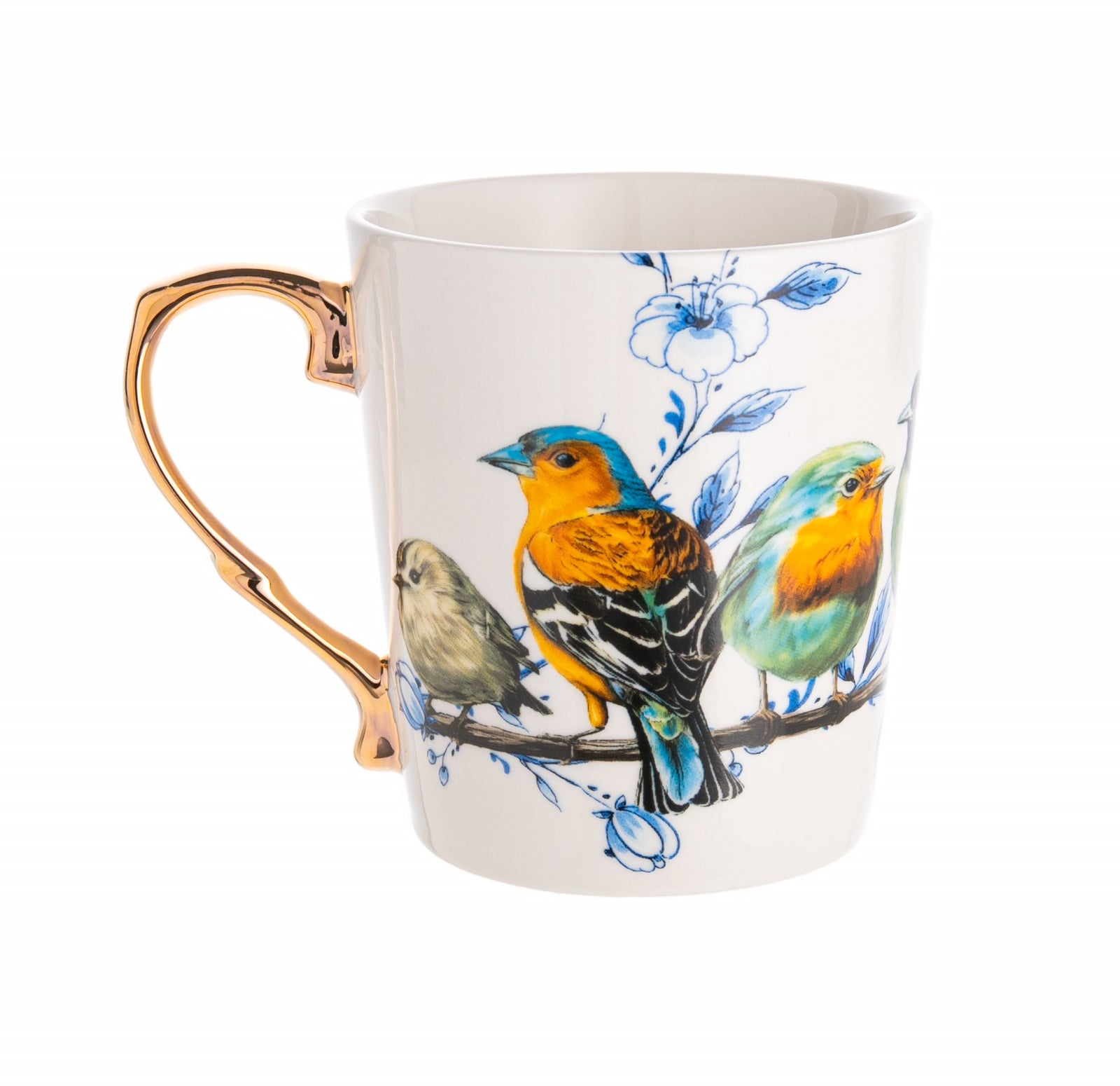 Delft blue porcelain is the Dutch version of blue and white porcelain, which has been around since the late 16th century. This forest bird's porcelain mug celebrates that Delft blue Dutch touch. With a chic gold handle, this mug adds a bit of glitz and glamour to these sweet forest birds perched on a branch. 10 oz.