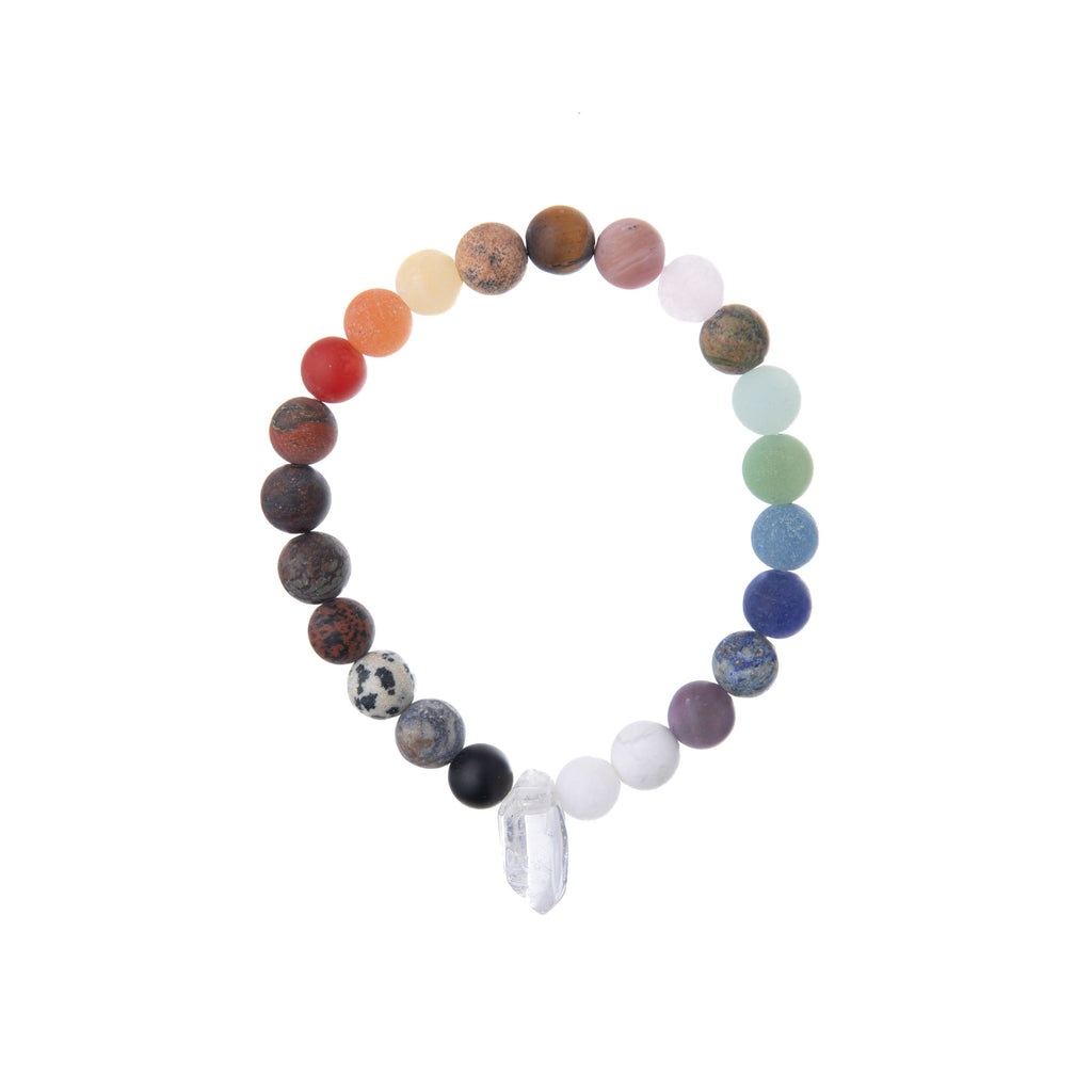 This crystal point chakra bracelet features beautiful matte-finish stone beads and a clear quartz point intended to amplify its energy. This modern jewelry piece was designed to support the chakra system within the body. Materials: stone beads and natural crystal Bracelet is 2.75" in diameter.