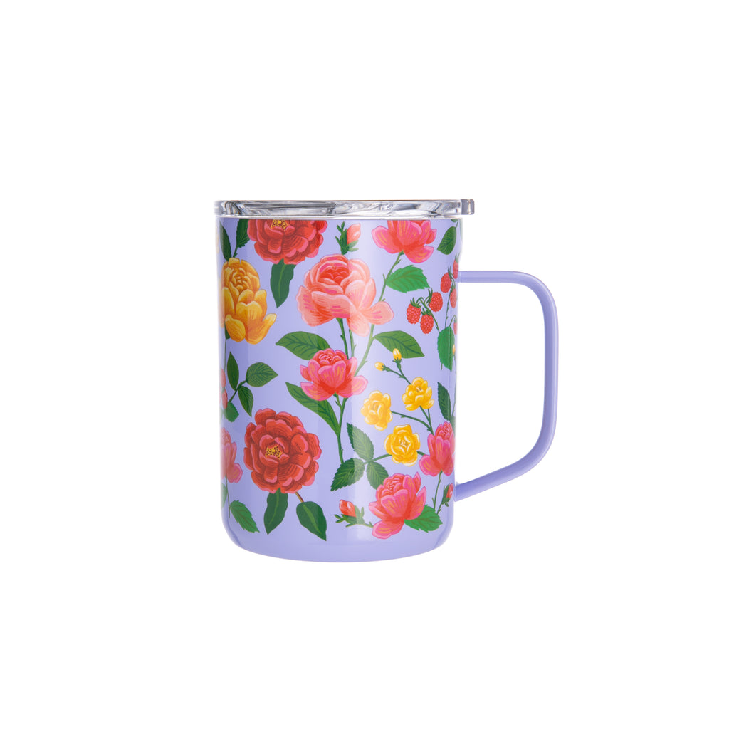 Sip in style wherever you go with this pretty purple roses mug. This charming lilac travel mug, adorned with vintage rose details, is great for taking your morning coffee or tea with you wherever you go. Its triple insulation keeps drinks hot for about three hours, and it has a shatterproof lid and stay-put silicone base. 16 oz. capacity Dimensions: approximately 5" H Dishwasher-safe BPA-free