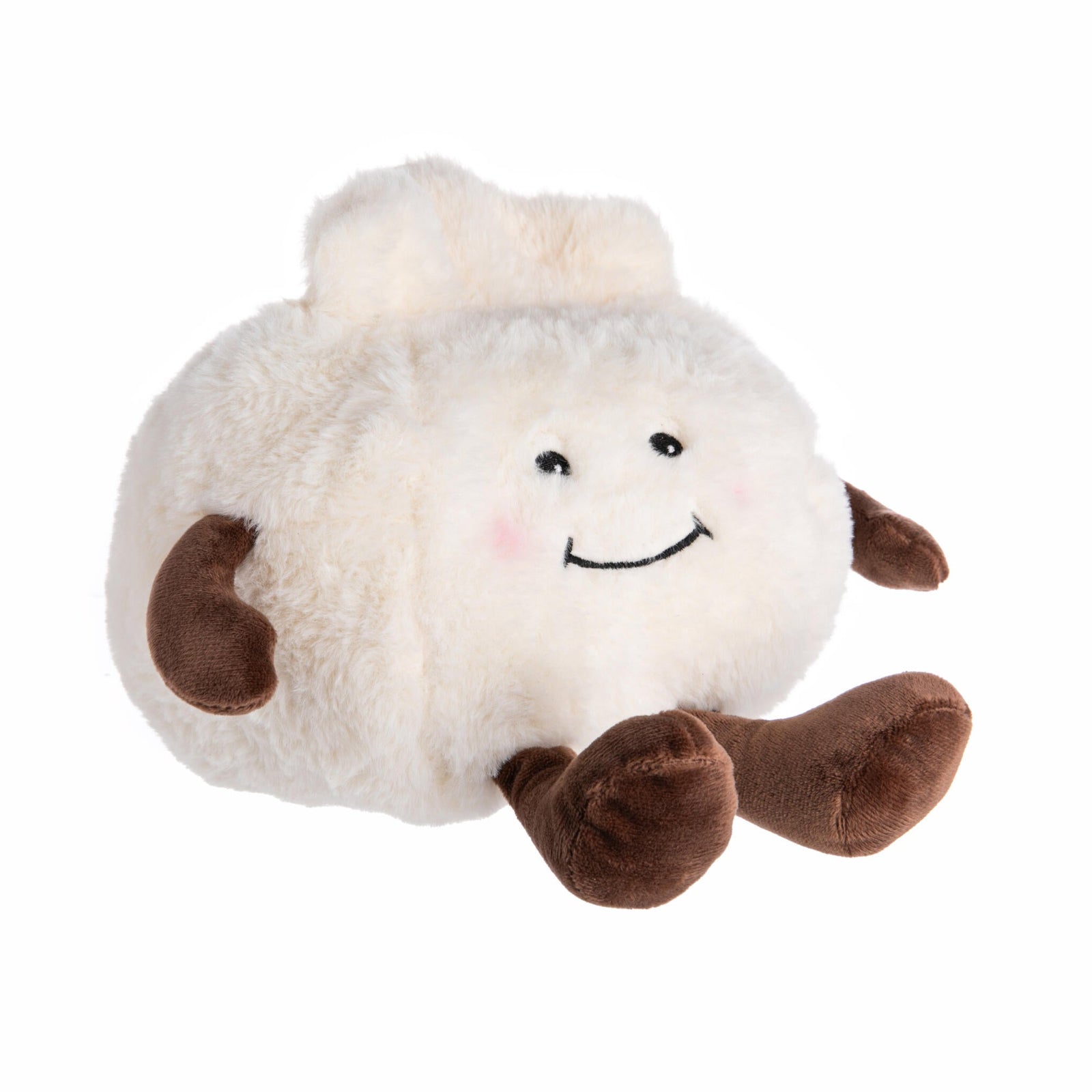 Plush toy dumpling with a smiley face on a white background