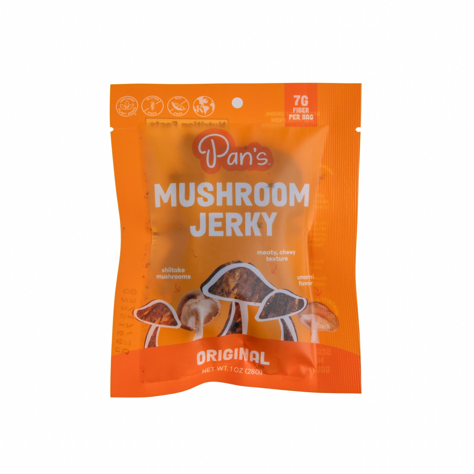 Orange package of Pan's Mushroom Jerky on a white background