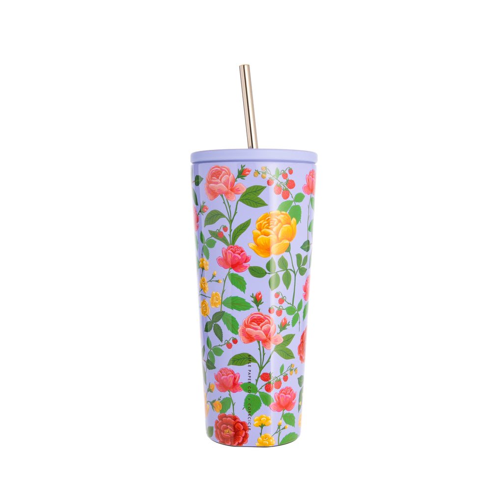 Sip in style wherever you go with this pretty purple roses cold cup. This charming lilac cup, adorned with vintage rose details, is great for taking your favorite beverage with you wherever you go. Its triple insulation will keep drinks cool for 12 hours, and its stainless-steel straw and cupholder-friendly silicone base make it ideal for traveling. 24-oz. capacity Dimensions:  11" H Dishwasher-safe BPA-free