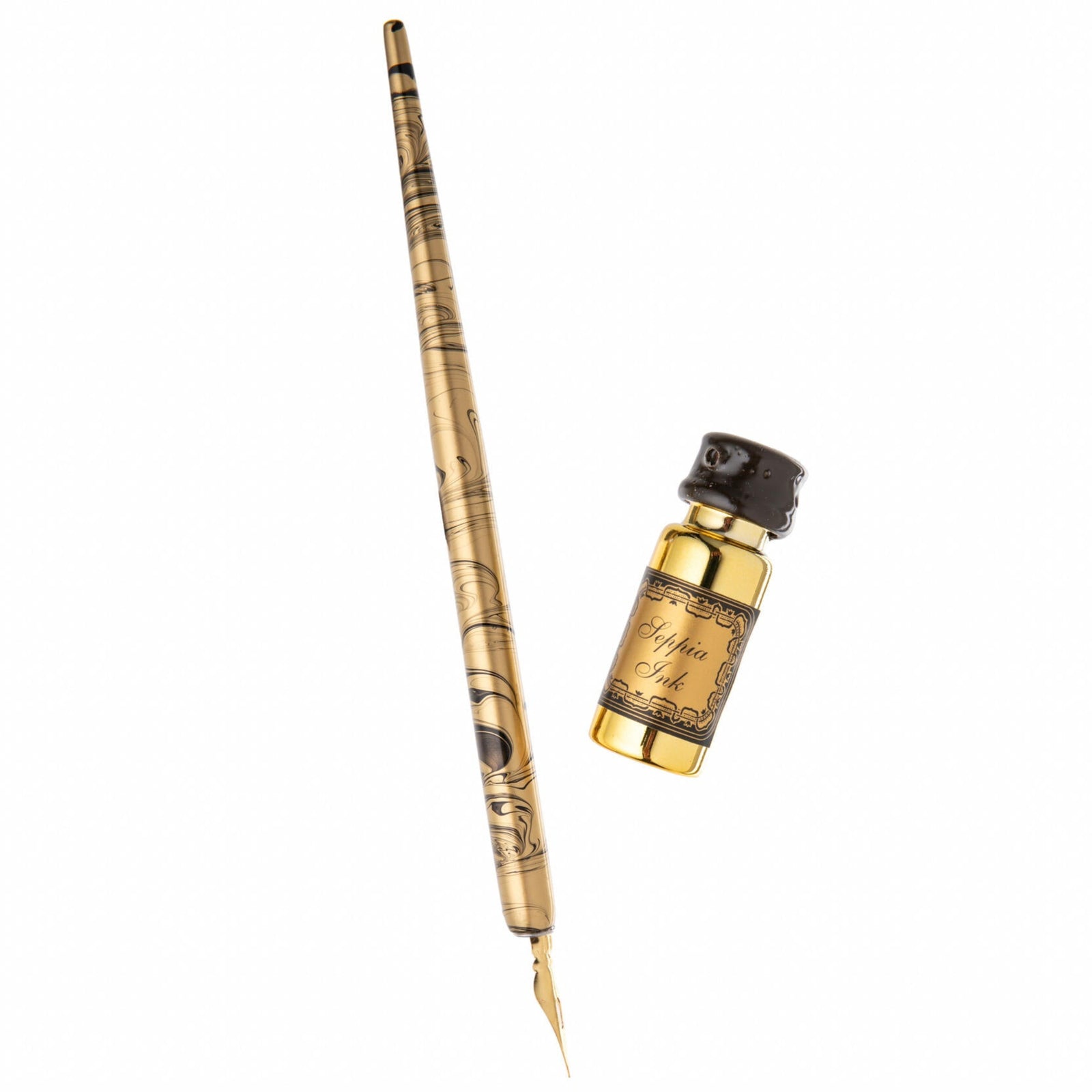 Fountain pen and ink bottle set in a decorative box with bee illustrations on a white background