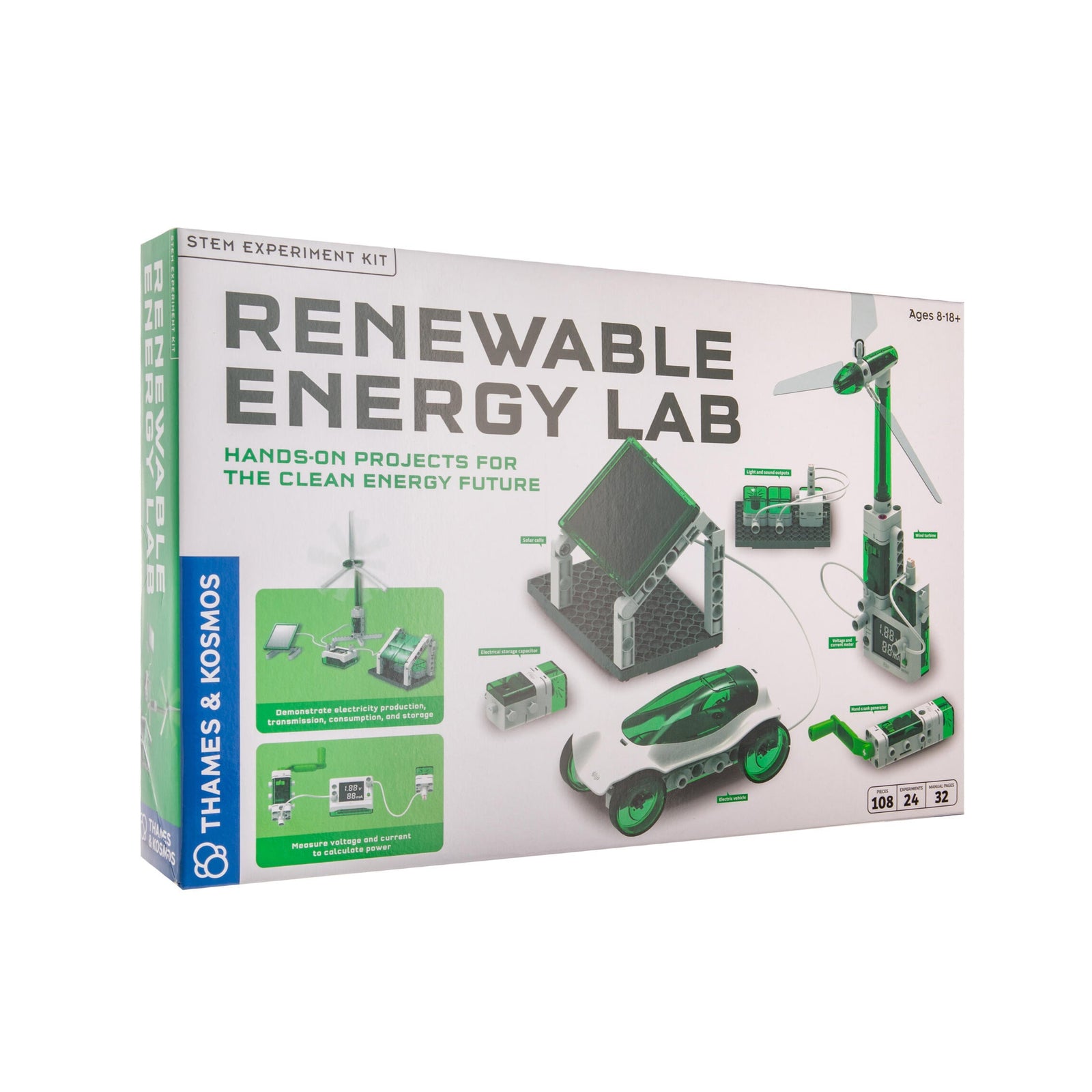 Box for a renewable energy lab kit with green and white design on a white background