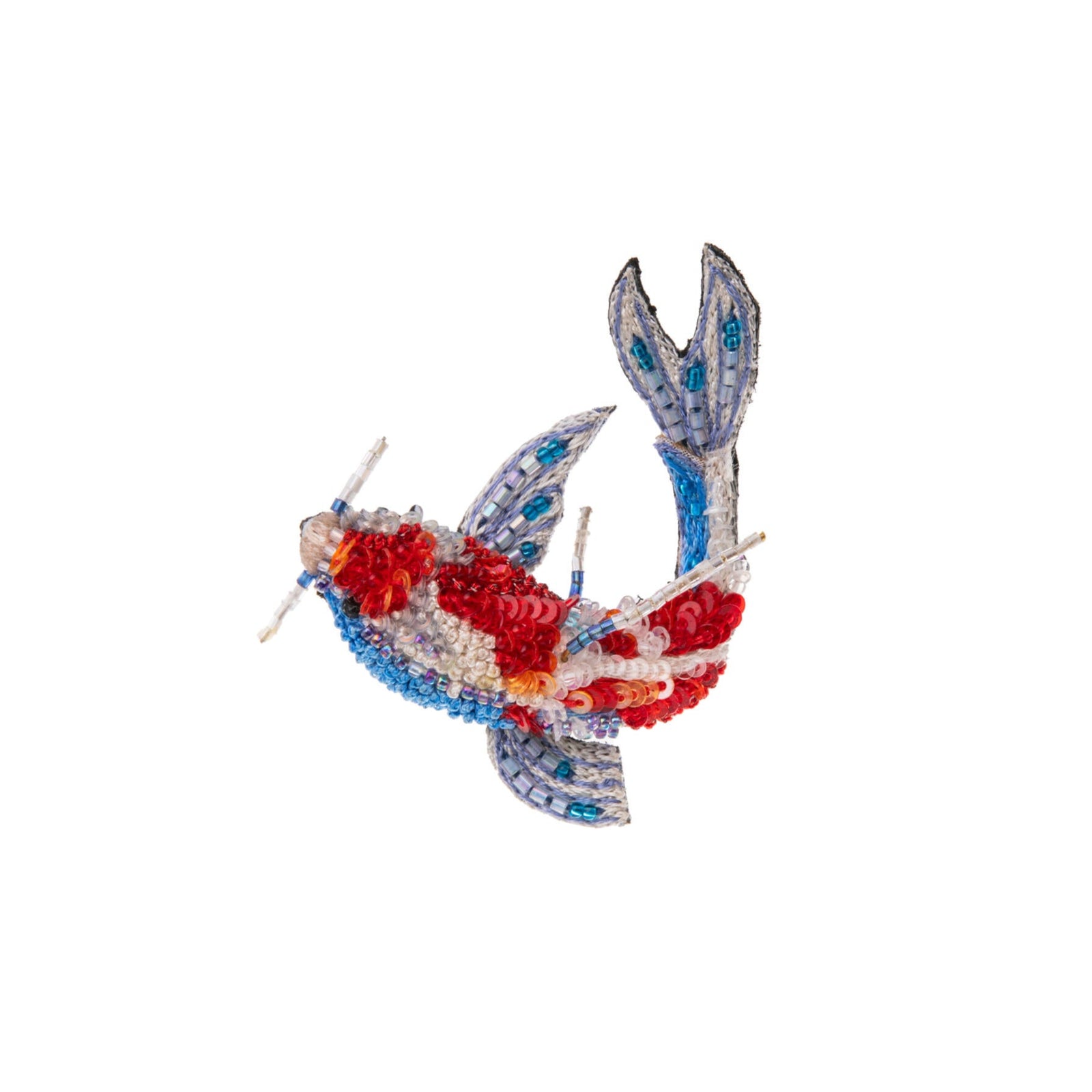 This enchanting, fun Koi Fish pin is perfect for adding a splash of color and a hint of sparkle to both event and everyday outfits. With stunning detail and vibrant blue and red tones, this pin features intricate embroidery and beadwork on a base of cotton and felt. Hand-made Dimensions: Approx. 2" x 2"