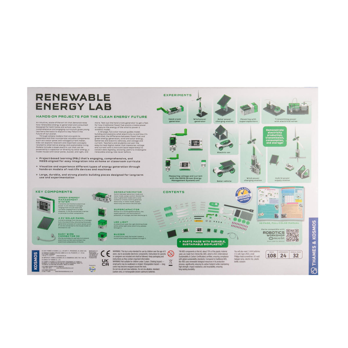Packaging of a renewable energy lab kit with text and graphics on a white background