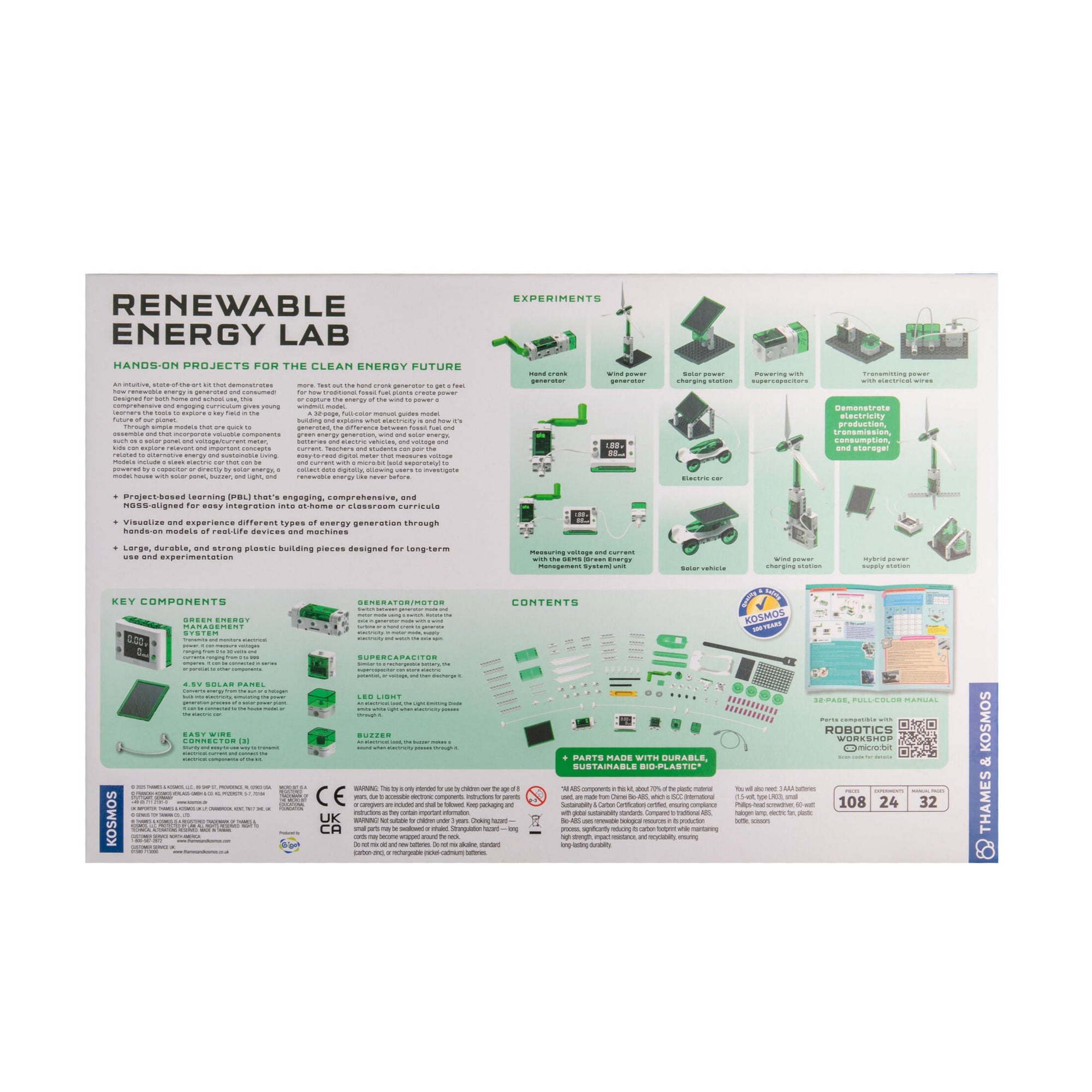 Box for a renewable energy lab kit with green and white design on a white background