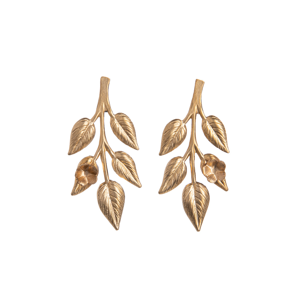 These charming earrings depict leafy boughs with delicate blossoms and will add a hint of natural beauty to any outfit. Crafted in a beautifully warm and soft gold hand-hammered brass, which looks gorgeous on all skin-tones. Materials: Brass with sterling silver posts. 1.75" long x 0.5" wide. Handmade in the USA.