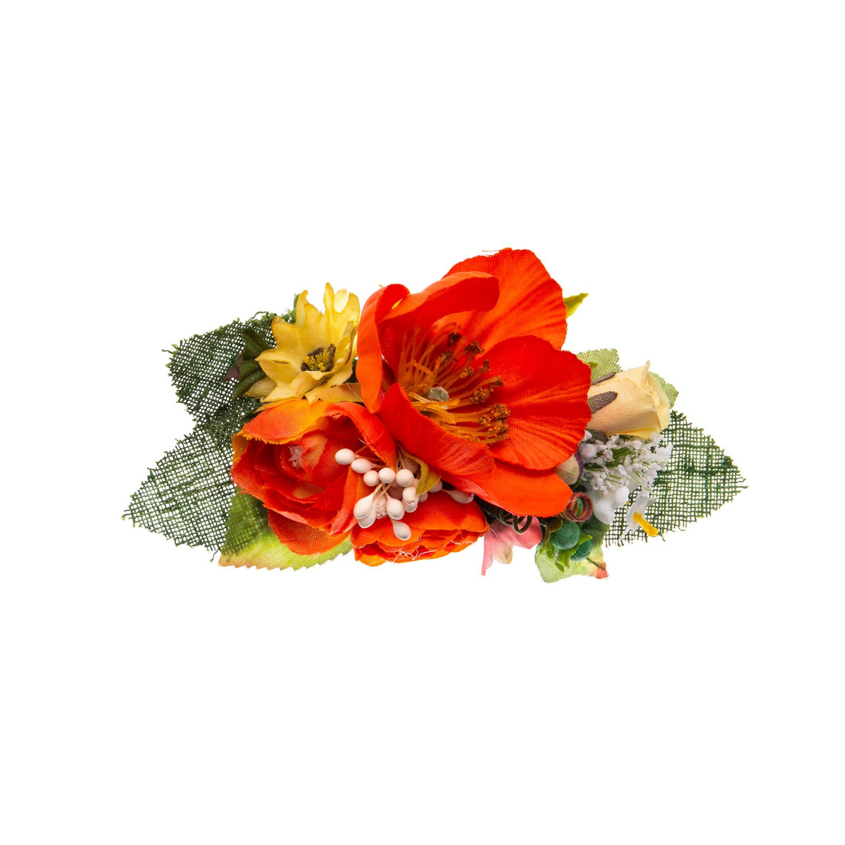 Floral hair clip with orange and yellow flowers on a white background