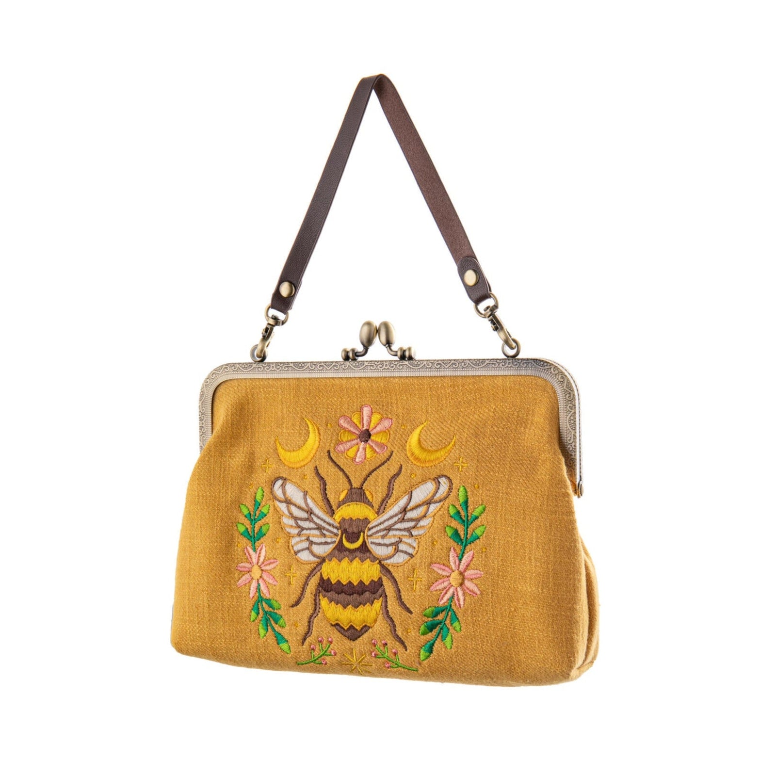 This fabulously fun embroidered bee purse is a charming and elegant accessory that combines style with a touch of nature-inspired whimsy. Crafted with meticulous attention to detail, it features a bee designed at the center, adorned with floral and lunar detailing. This cleverly designed purse includes two detachable straps, so it can be worn three ways: as a clutch purse, a short-handled purse, or a shoulder bag. Material: Cotton-linen