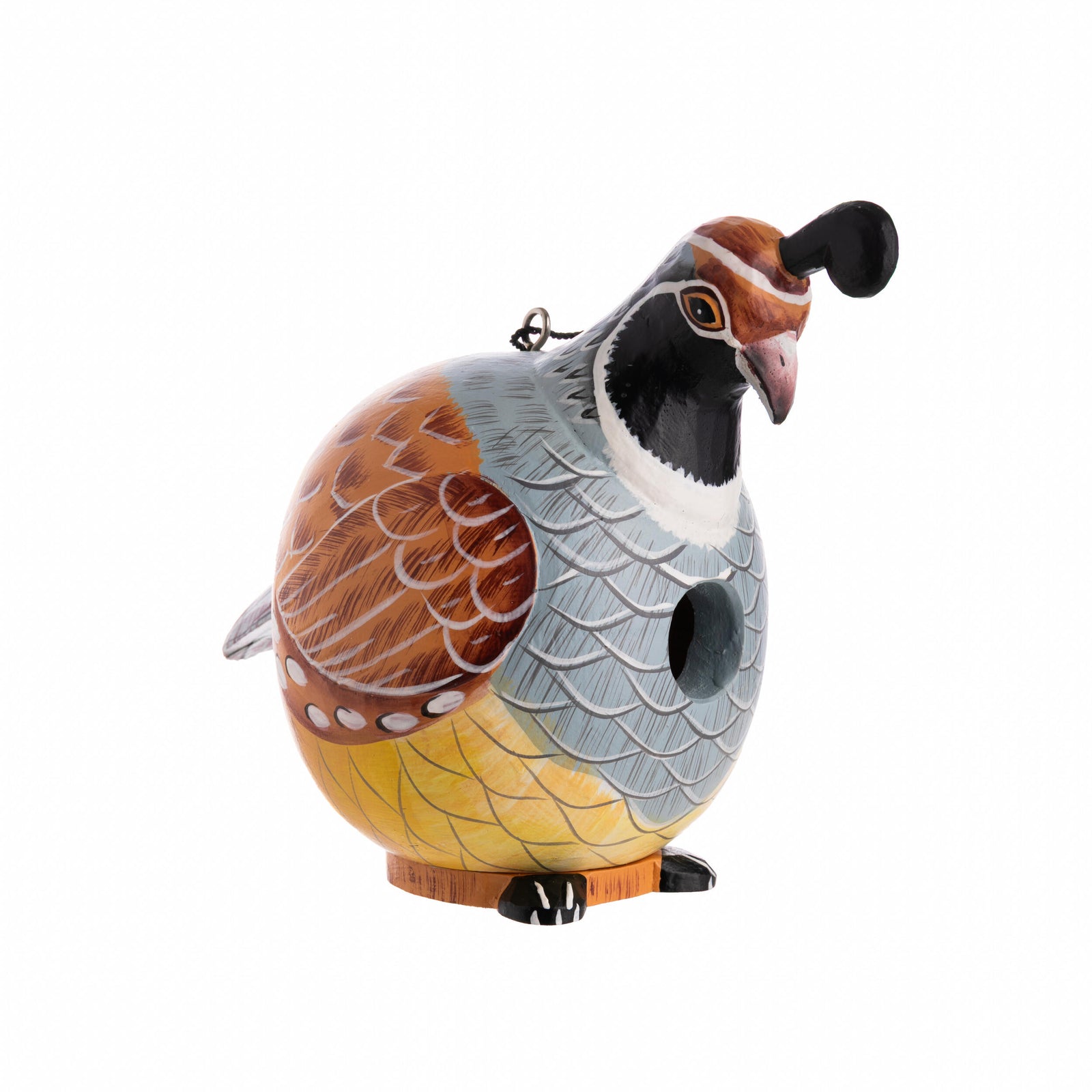 Colorful bird-shaped birdhouse on a white background